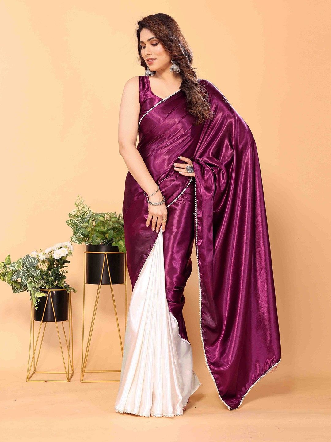 

LADY SHOPI Colourblocked Satin Half and Half Saree, Purple