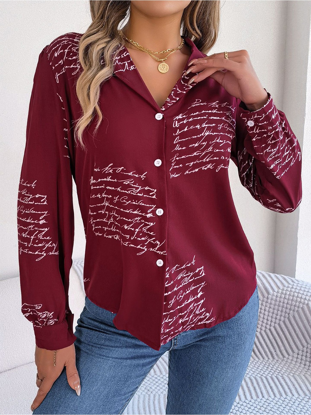 

StyleCast x Revolte Women Cuban Collar Typography Printed Casual Shirt, Maroon