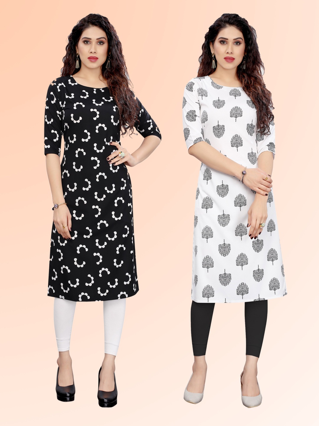 

KETAKI FASHION Selection Of 2 Floral Printed Round Neck Straight Kurtas, Black