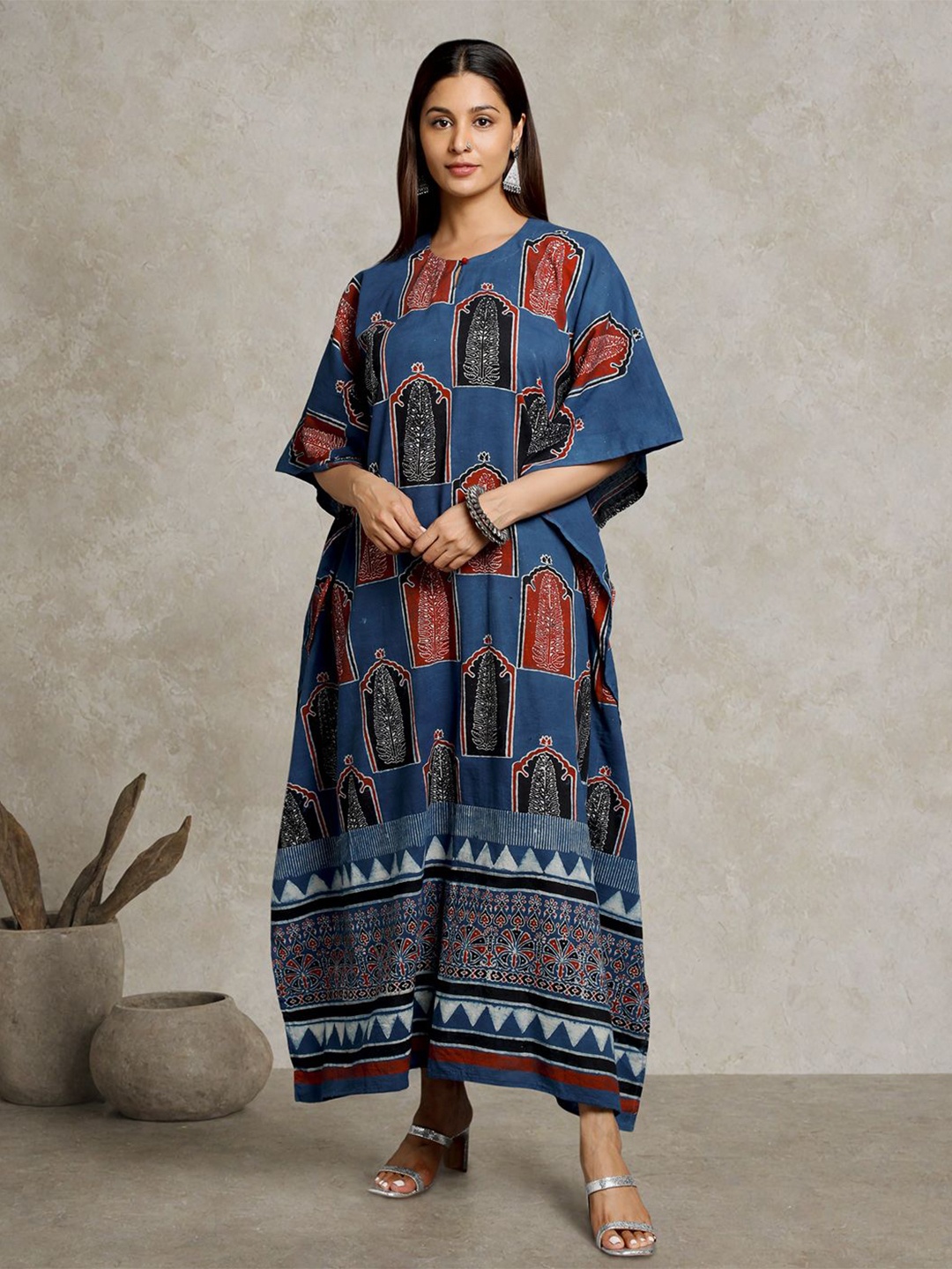 

THE WEAVE TRAVELLER Women Cotton Ethnic Motifs Printed Kaftan Maxi Dress, Blue