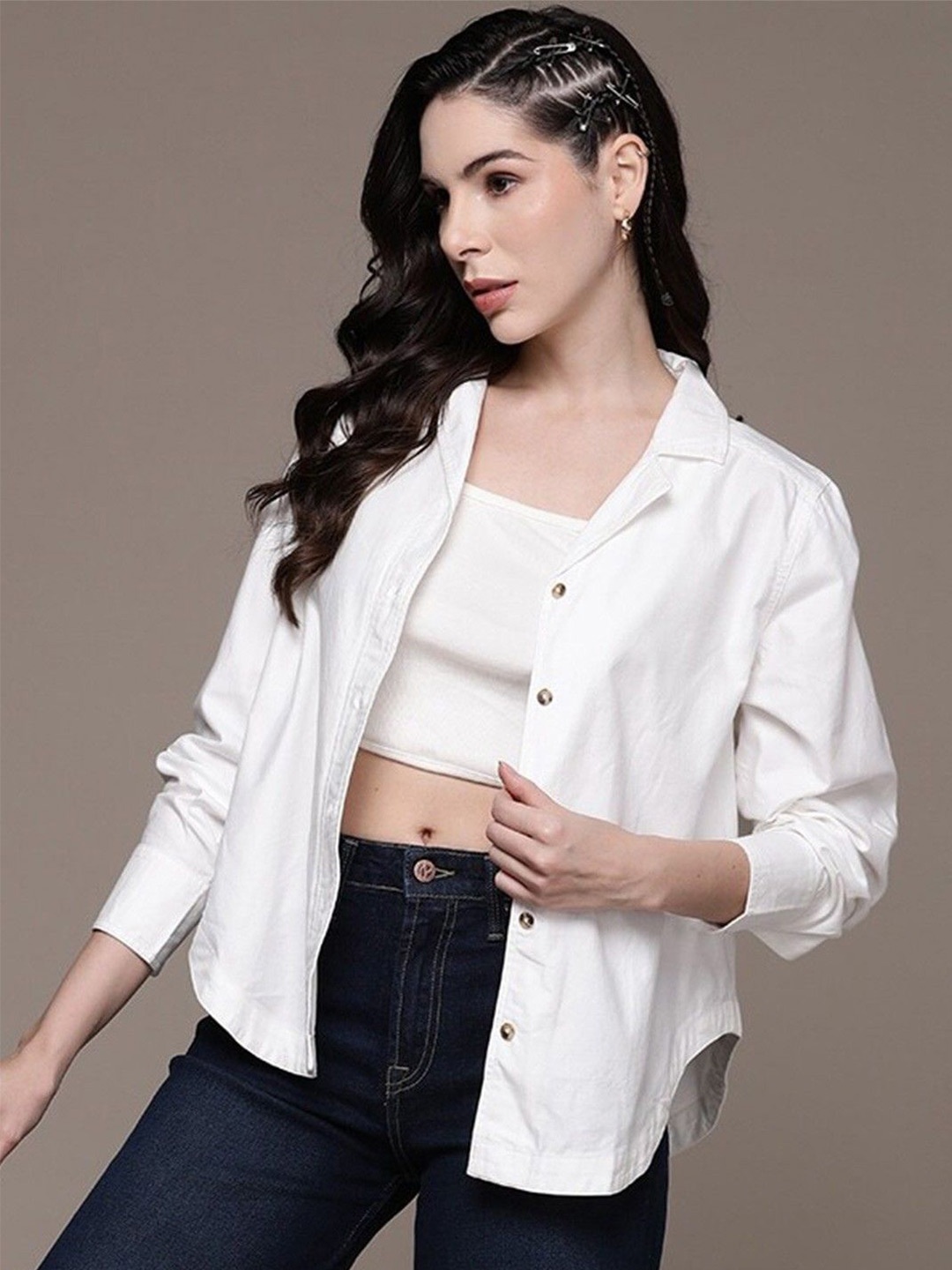 

NANCHI Women Classic Boxy Fit Cuban Collar Solid Cotton Casual Shirt, White