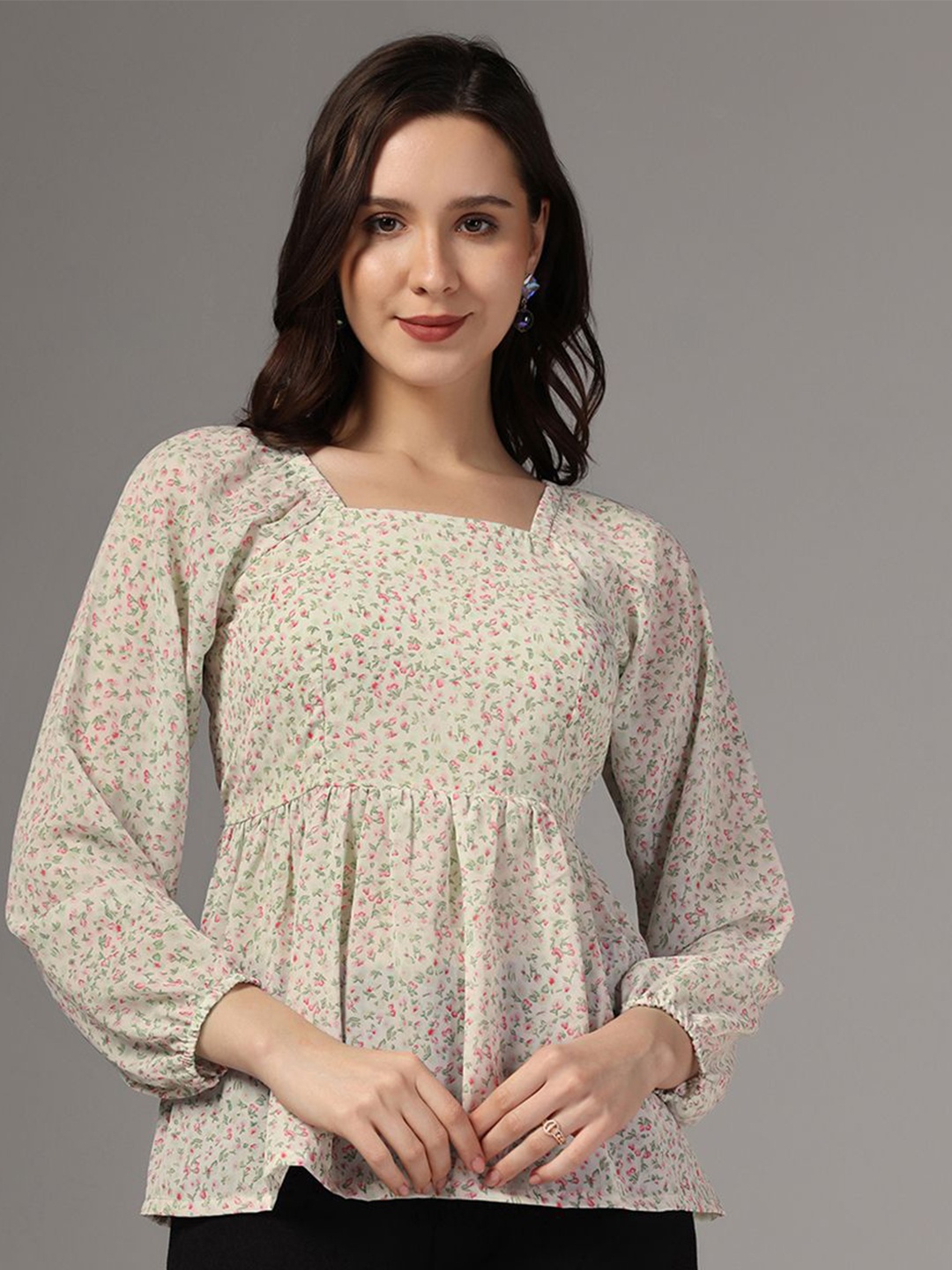 

Moda Rapido Floral Printed Puff Sleeve Georgette A-Line Top, Off white
