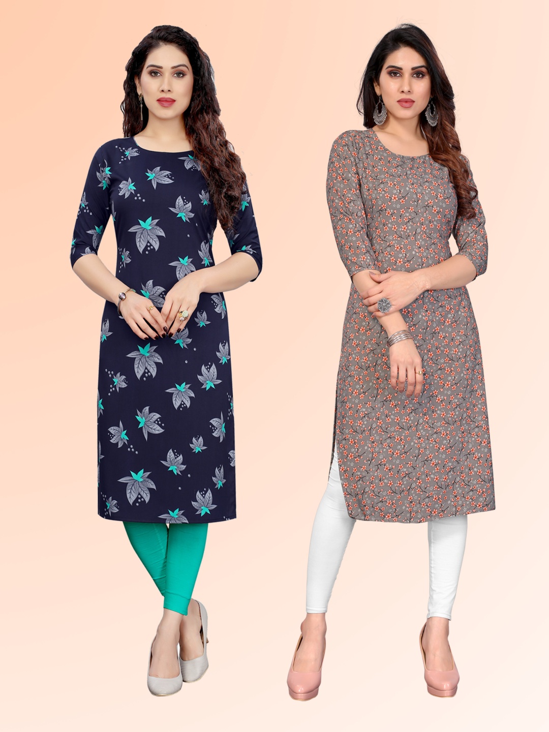 

KETAKI FASHION Selection Of 2 Floral Printed Round Neck Straight Kurtas, Black