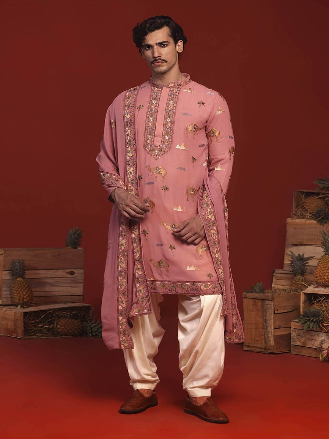 

KALPRAAG Animal Printed Thread Work Mandarin Collar Kurta with Patiala And Dupatta, Peach