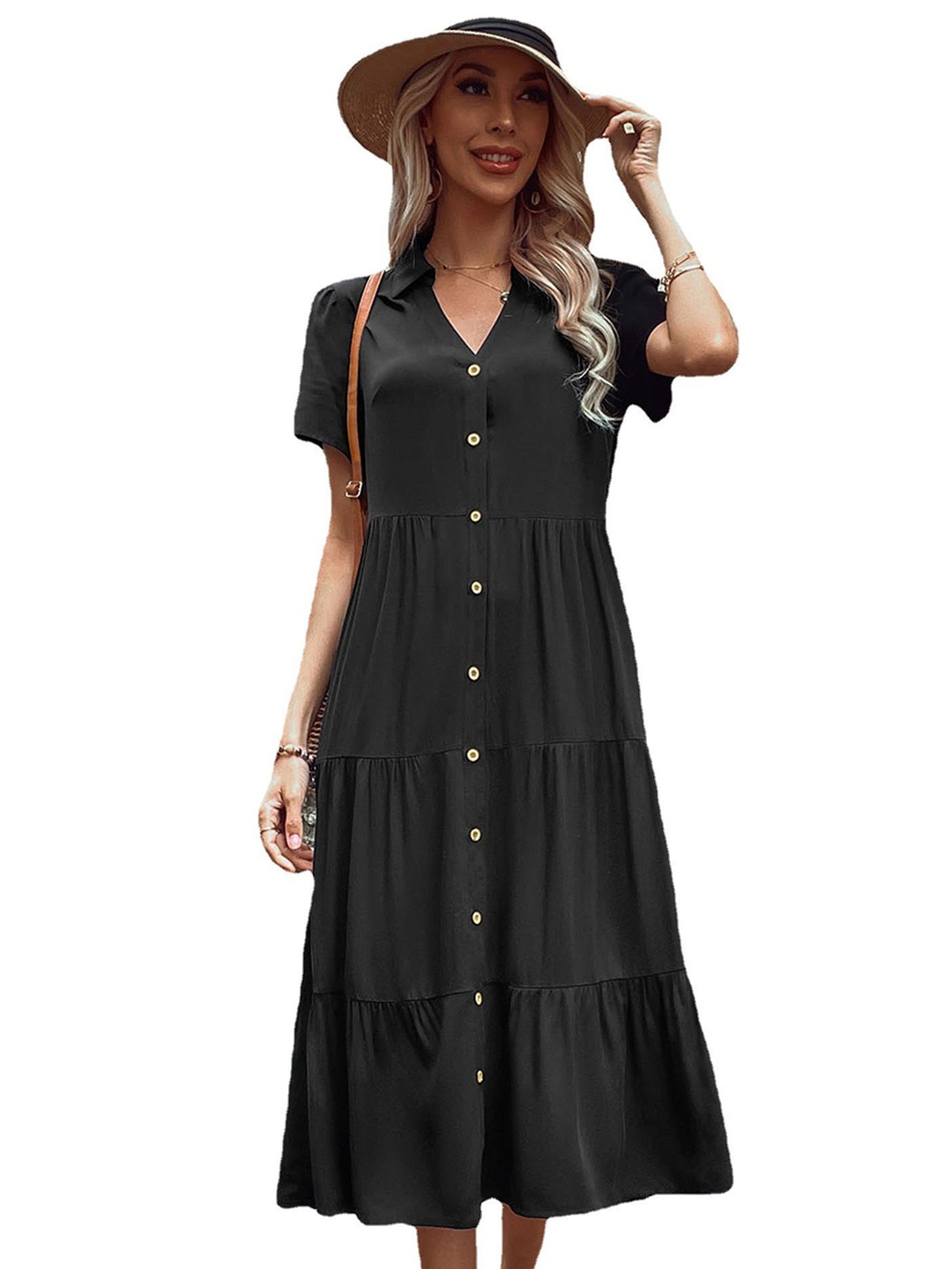 

StyleCast x Revolte Women Shirt Collar A-Line Midi Dress, Black