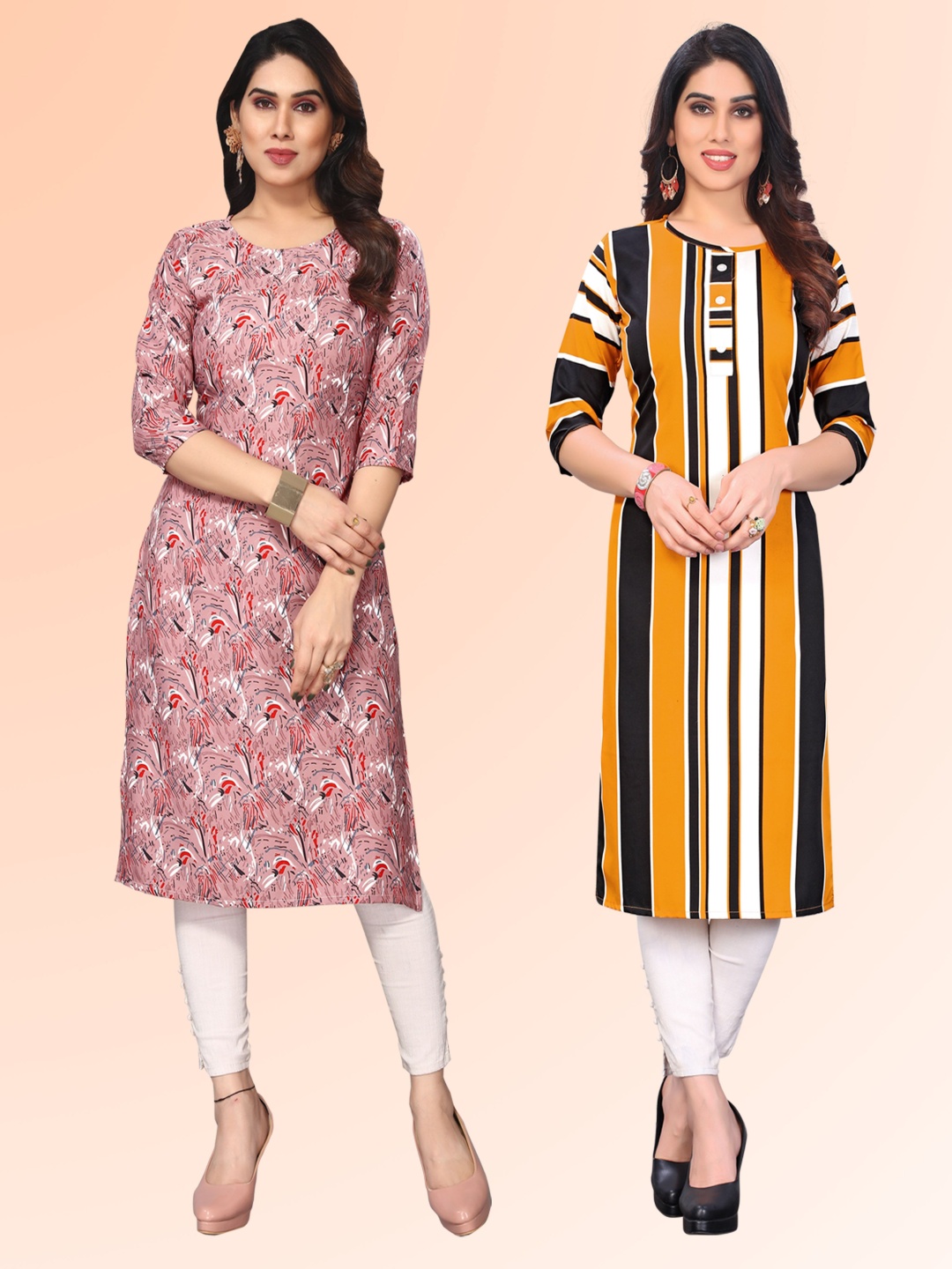 

KETAKI FASHION Selection Of 2 Striped Printed Round Neck Kurtas, Pink