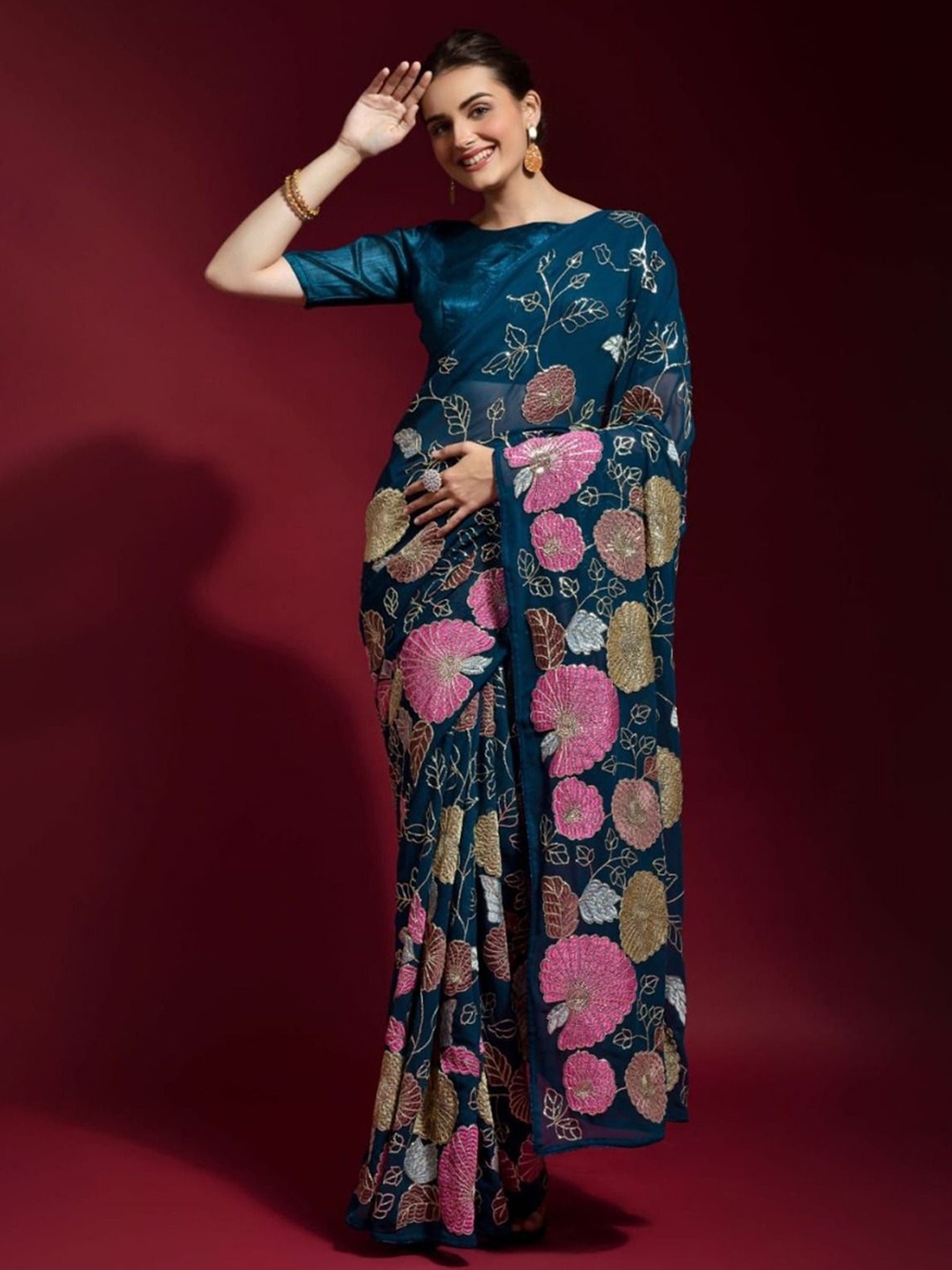 

Anouk Floral Embroidered Saree, Teal