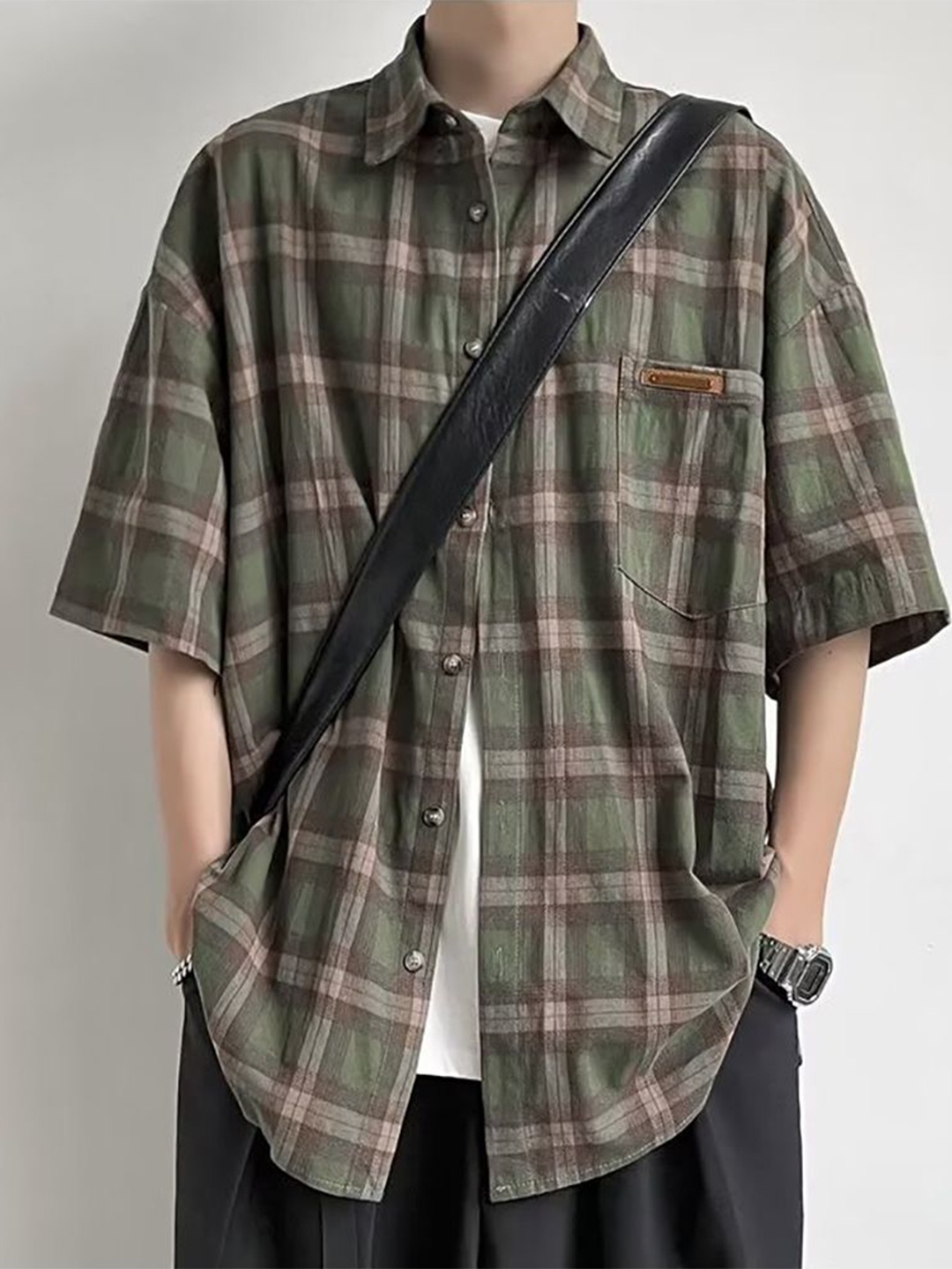 

StyleCast x Revolte Men Oversized Fit Spread Collar Tartan Checked Casual Shirt, Olive