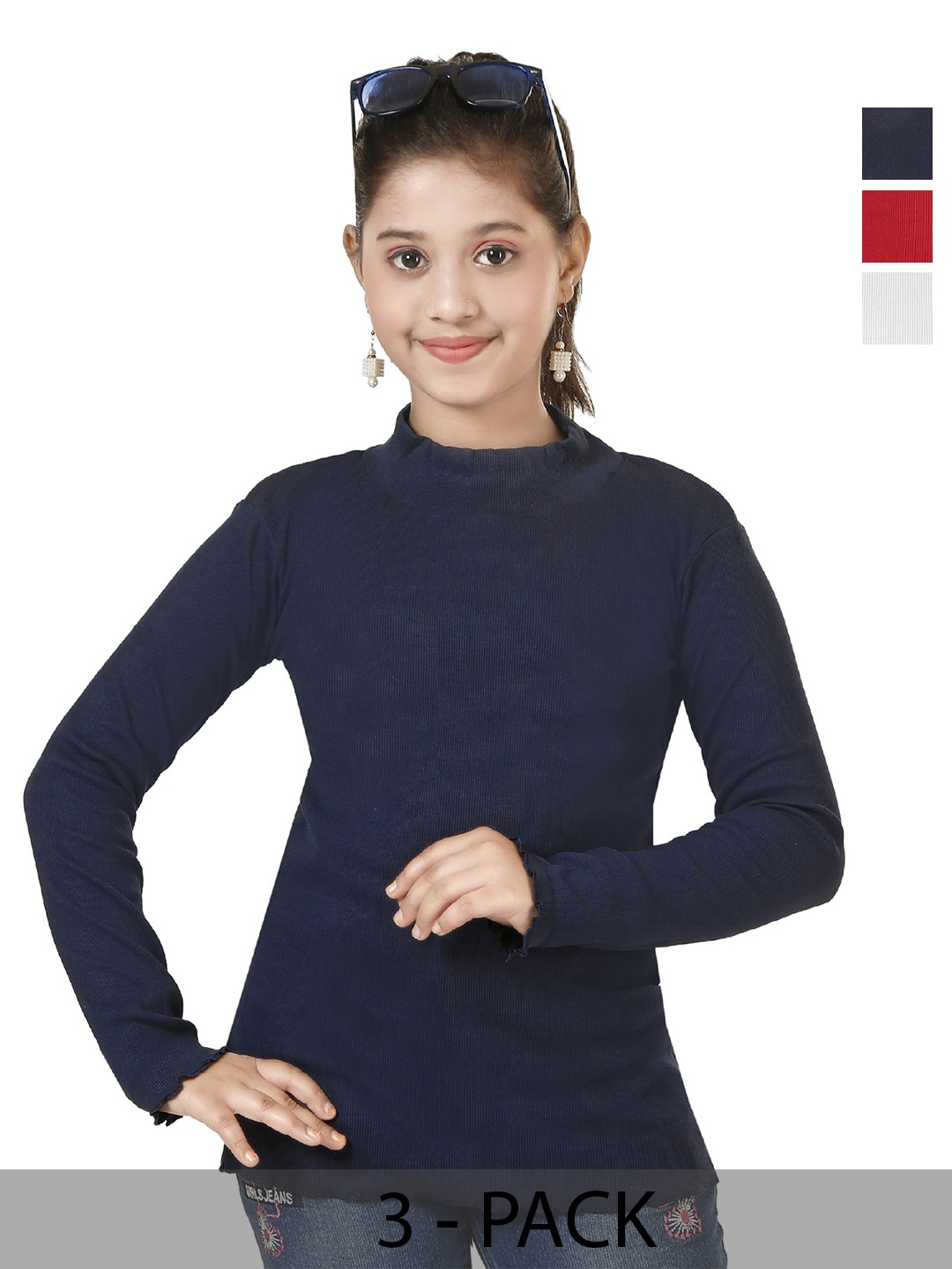 

ZADMUS Pack Of 3 Girls High Neck Ribbed Fitted Top, White