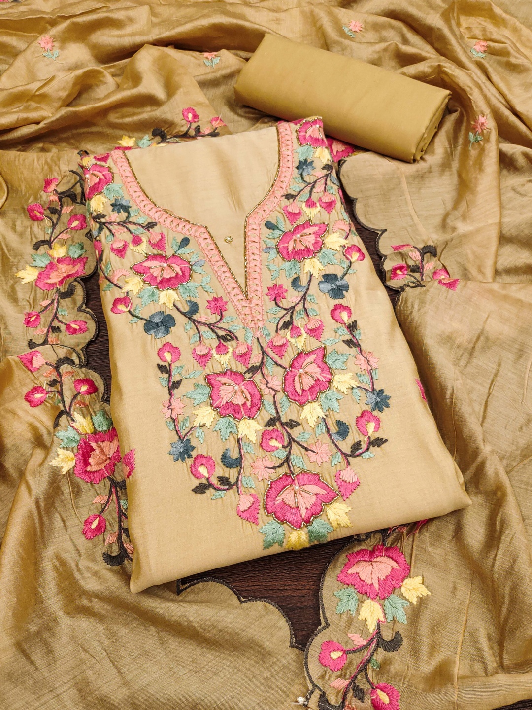 

MANVAA Floral Embroidered Unstitched Dress Material, Beige