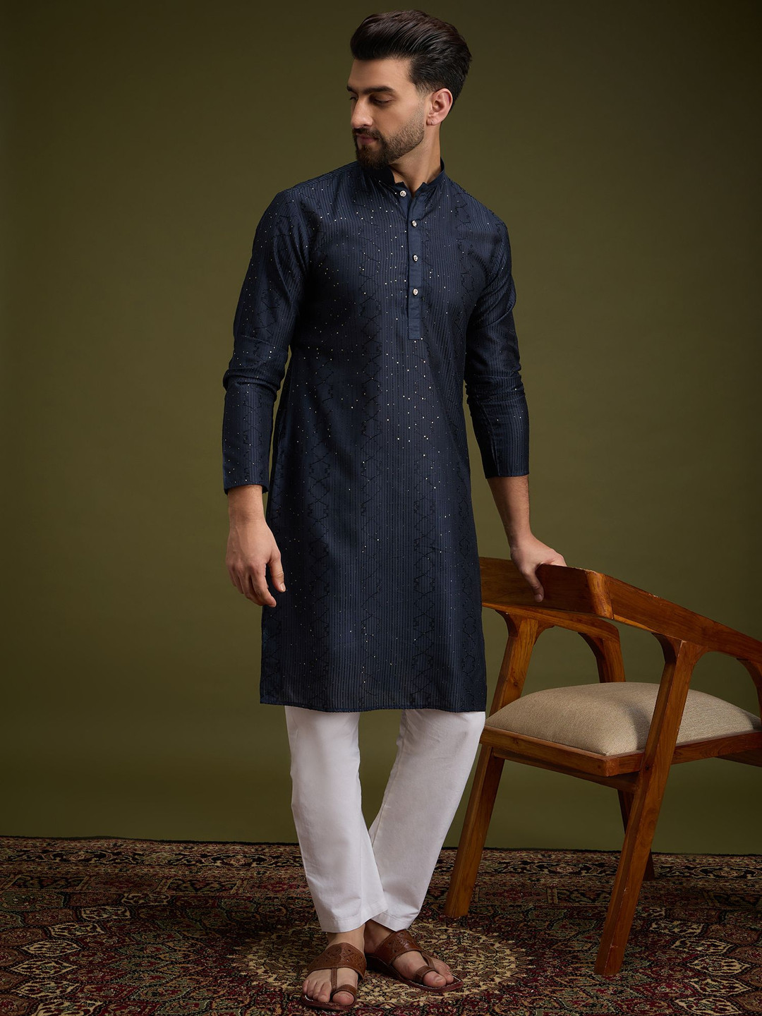 

Anouk Blue Striped Embroidered Sequinned Mandarin Collar Pure Cotton Straight Kurta