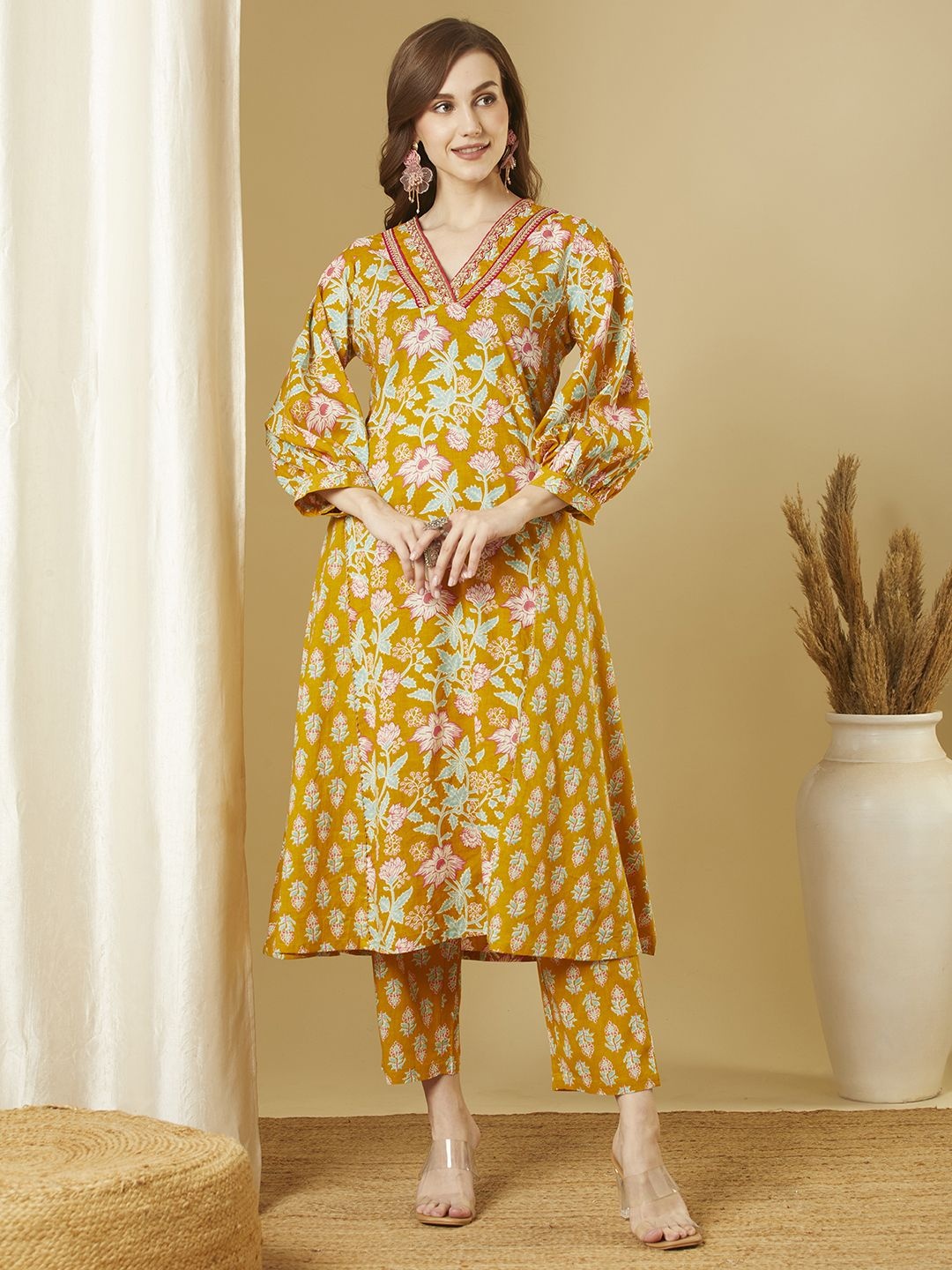 

FASHOR Ethnic Motifs Printed Panelled Pure Cotton A-Line Kurta With Trousers, Mustard