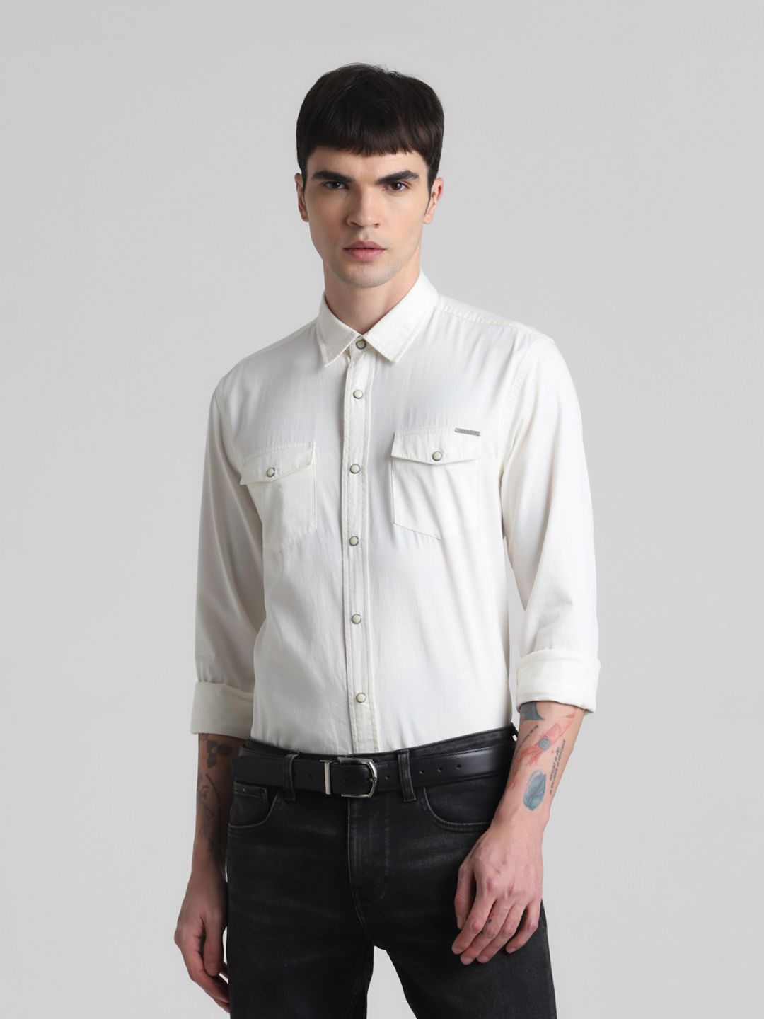 

Jack & Jones Men Slim Fit Spread Collar Solid Cotton Casual Shirt, White