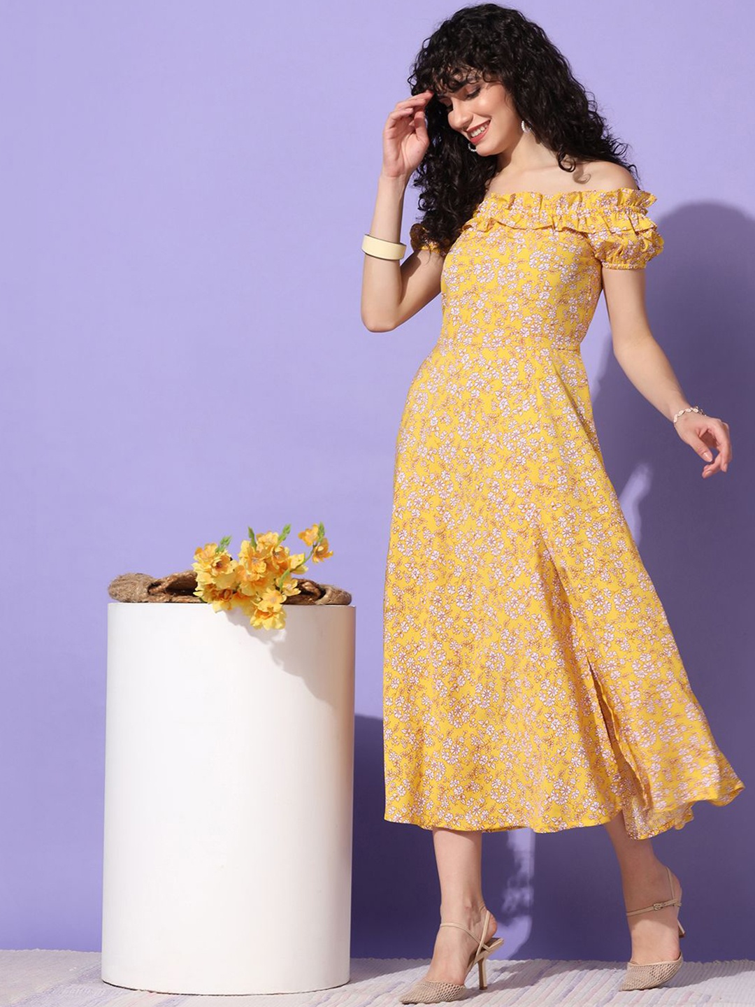 

Moda Rapido Floral Printed Off-Shoulder Crepe Fit & Flare Midi Dress, Yellow