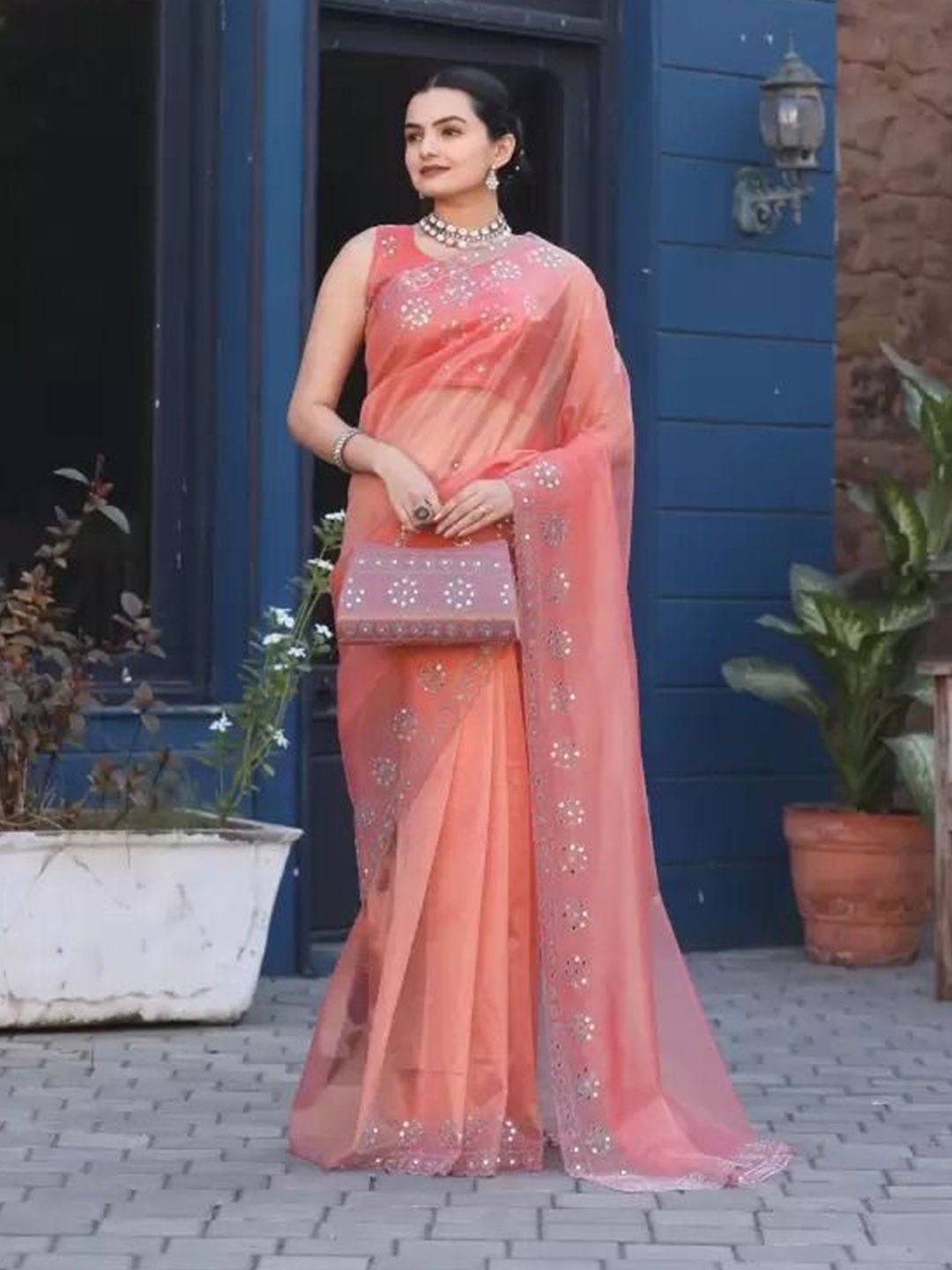 

SAADHVI Beads and Stones Organza Saree, Peach