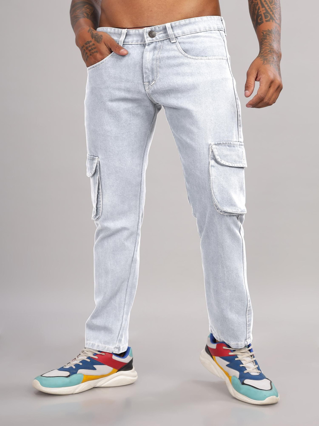 

RAGZO Men Cotton Slim Fit Low Distress Heavy Fade Jeans, Grey