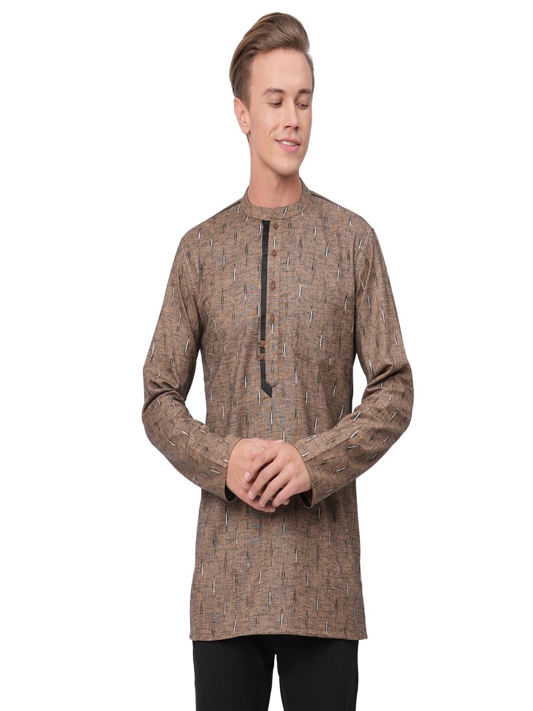 

ARCHATTIRE Abstract Woven Design Mandarin Collar Black Khadi Cotton Straight Short Kurta, Rust