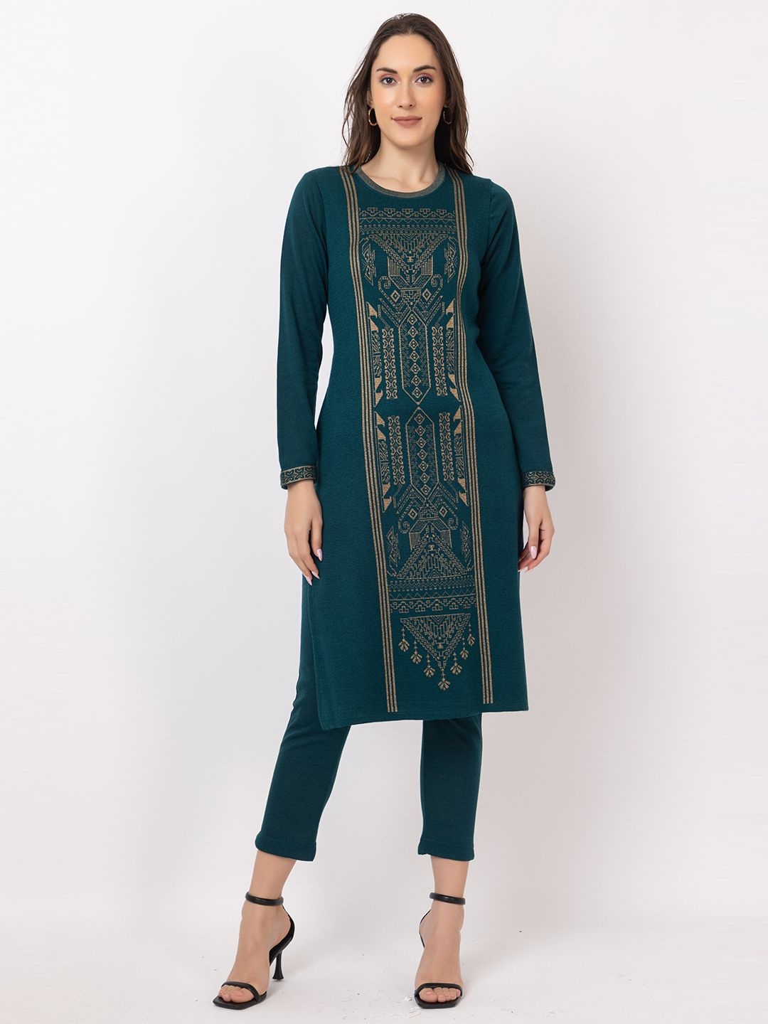 

KEIKO Geometric Woven Design Round Neck Jacquard Weave Acrylic Straight Kurtas, Teal