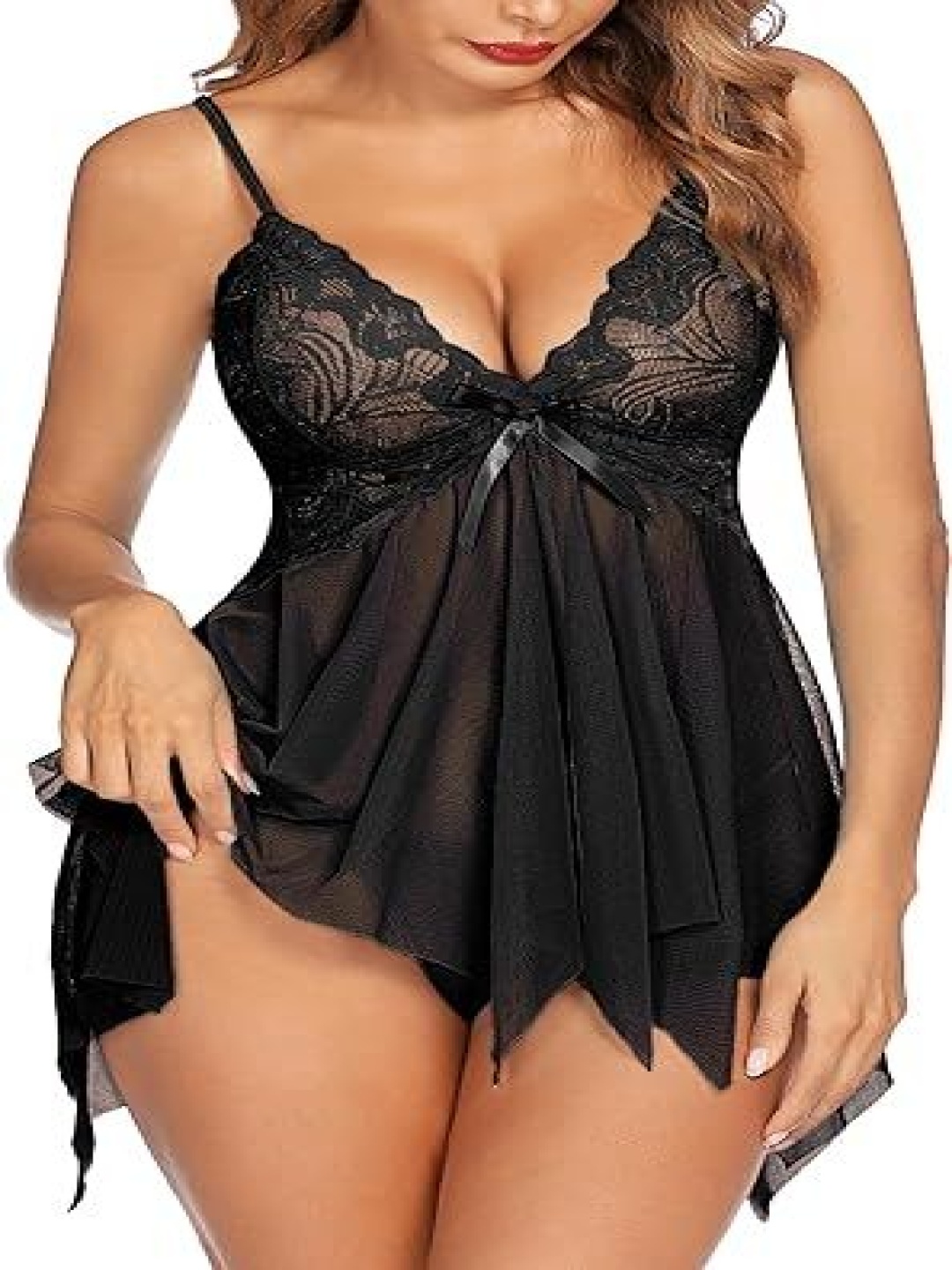 

Beera Women Self Design High-Low Shoulder Straps Baby Doll, Black