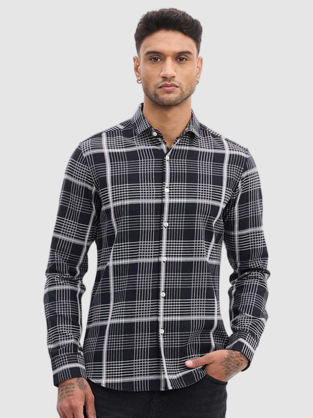 

Snitch Men Smart Slim Fit Spread Collar Tartan Checked Cotton Casual Shirt, Black