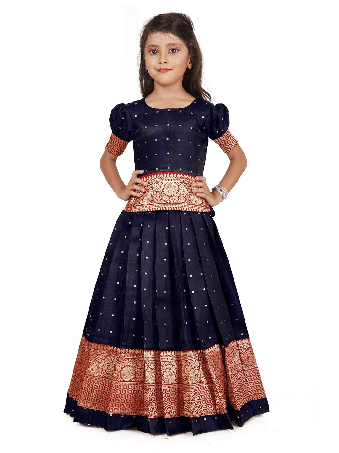 

FELIZ THE DESIGNER STUDIO Girls Ethnic Motifs Woven Design Ready to Wear Lehenga & Blouse, Blue