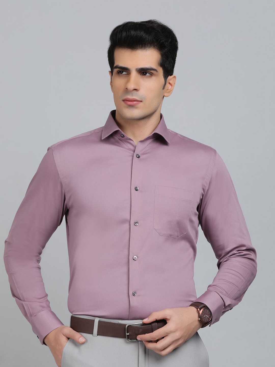 

Greenfibre Men Slim Fit Spread Collar Solid Cotton Formal Shirt, Pink