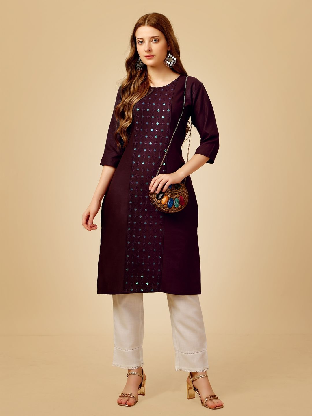 

BERISTON Checked Embroidered Sequinned Straight Kurta With Trouser, Purple