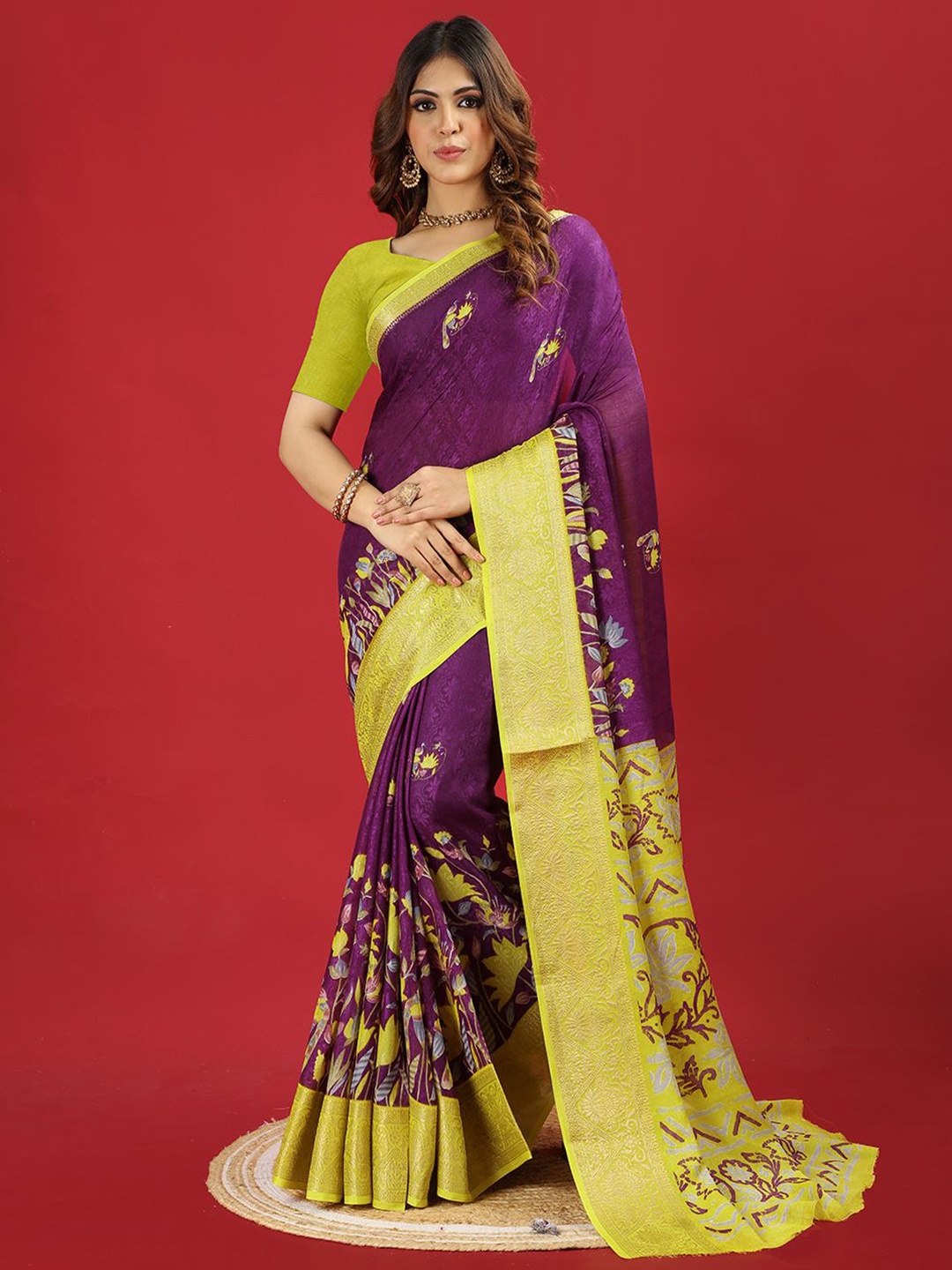 

NIRMAL CREATION Women Floral Printed Zari Saree, Purple