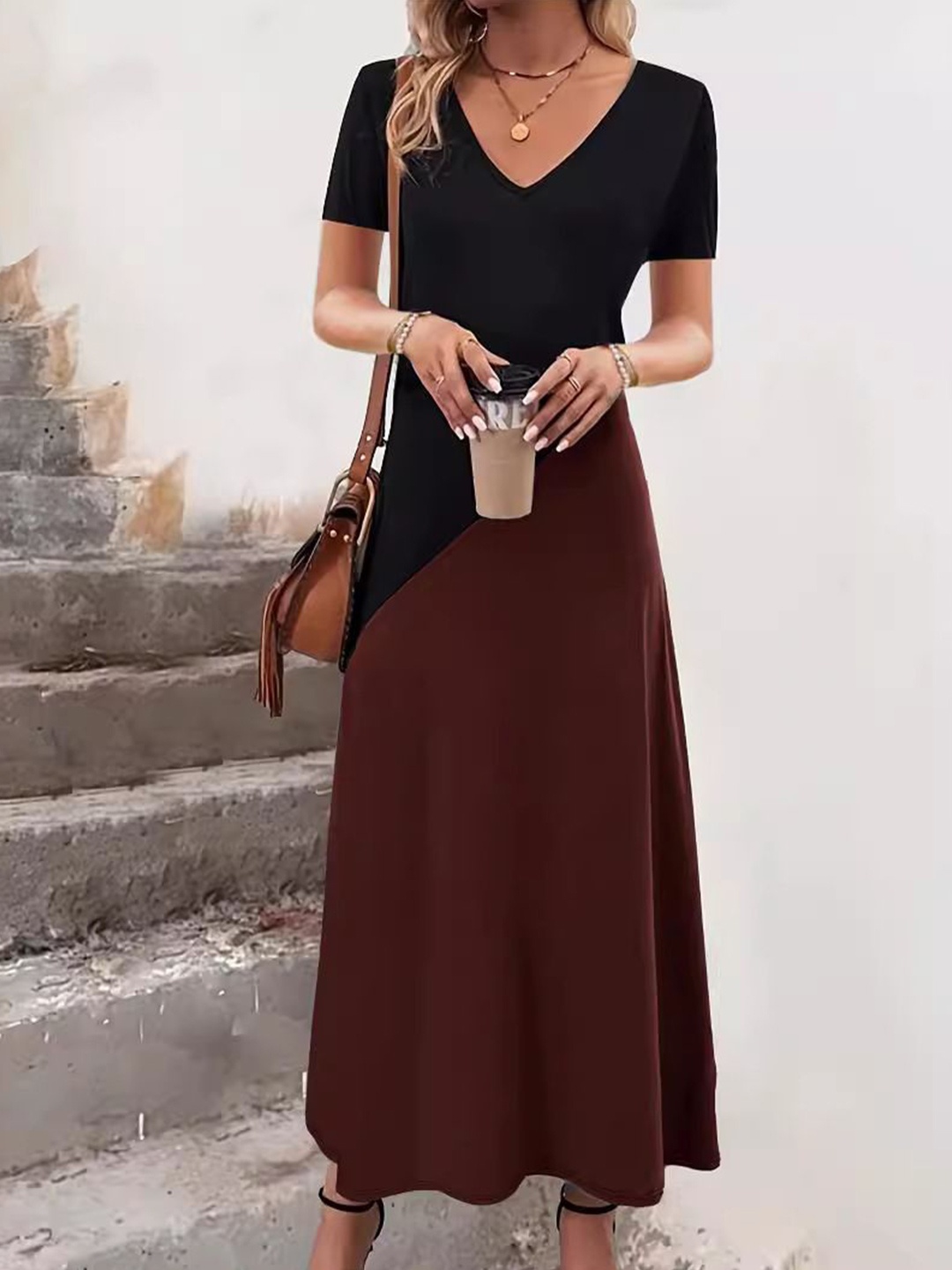 

StyleCast Colourblocked V-Neck Short Sleeves A-Line Midi Dress, Brown