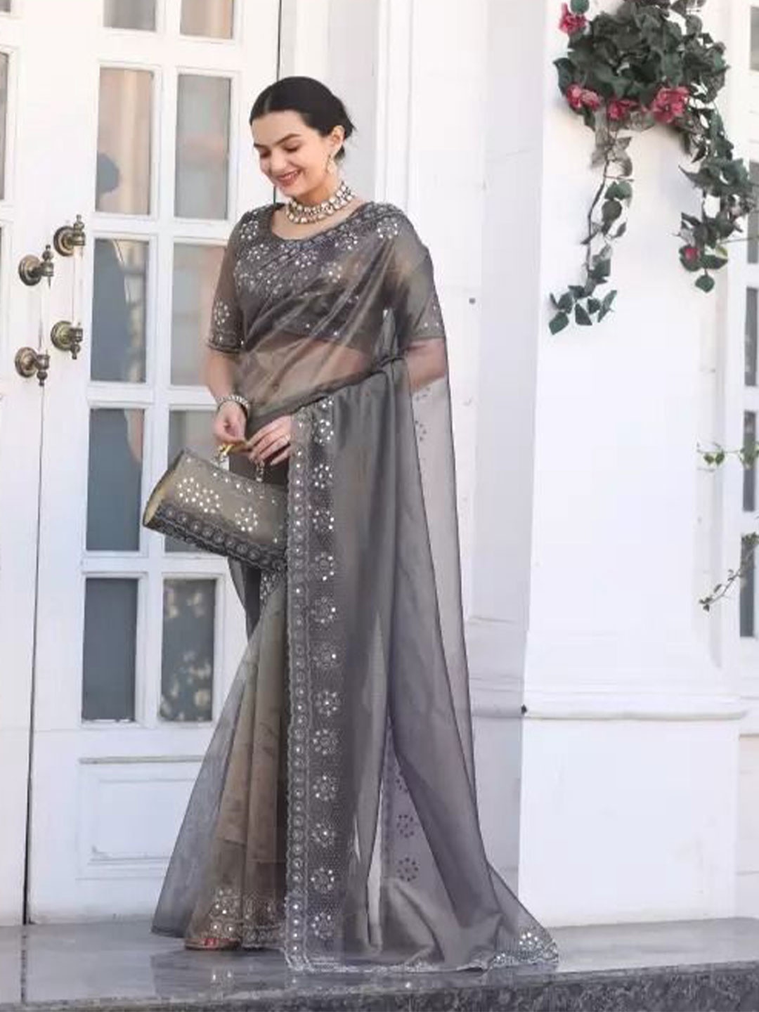 

SAADHVI Embroidered Organza Saree, Grey