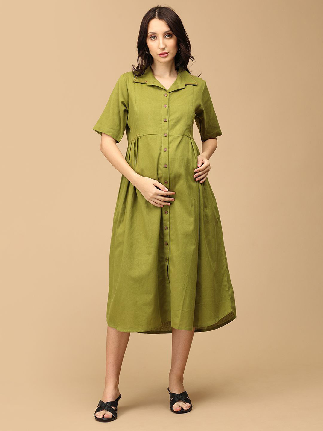 

The Mom Store Women Cotton Maternity Fit and Flare Dress, Olive