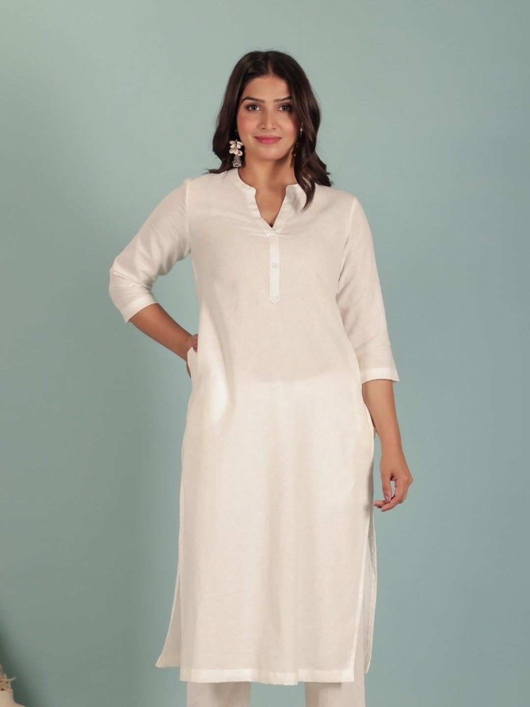 

Aramya Mandarin Collar Linen Cotton Straight Kurta, White
