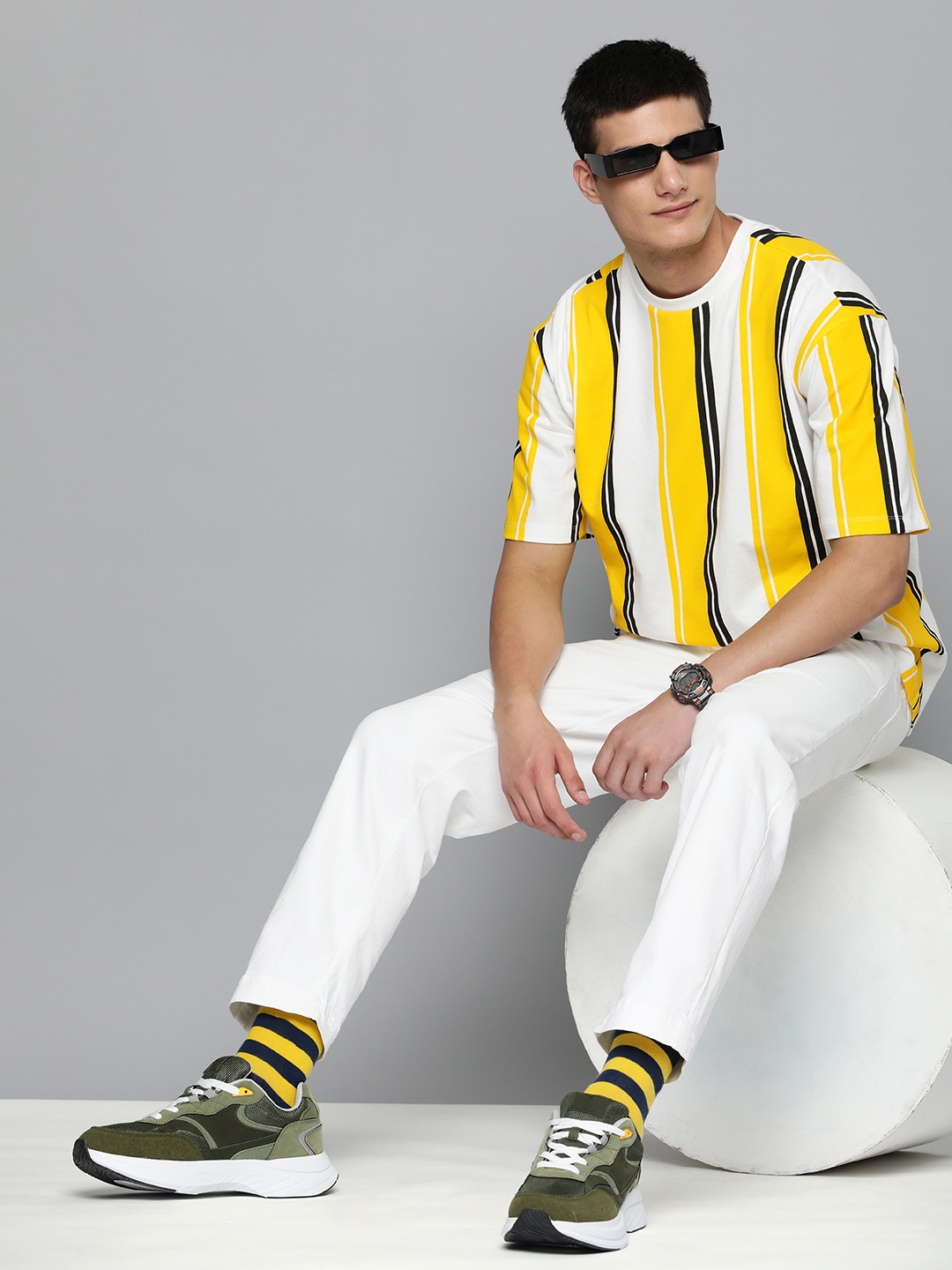 

Harvard Striped Drop-Shoulder Sleeves Pure Cotton T-shirt, Yellow