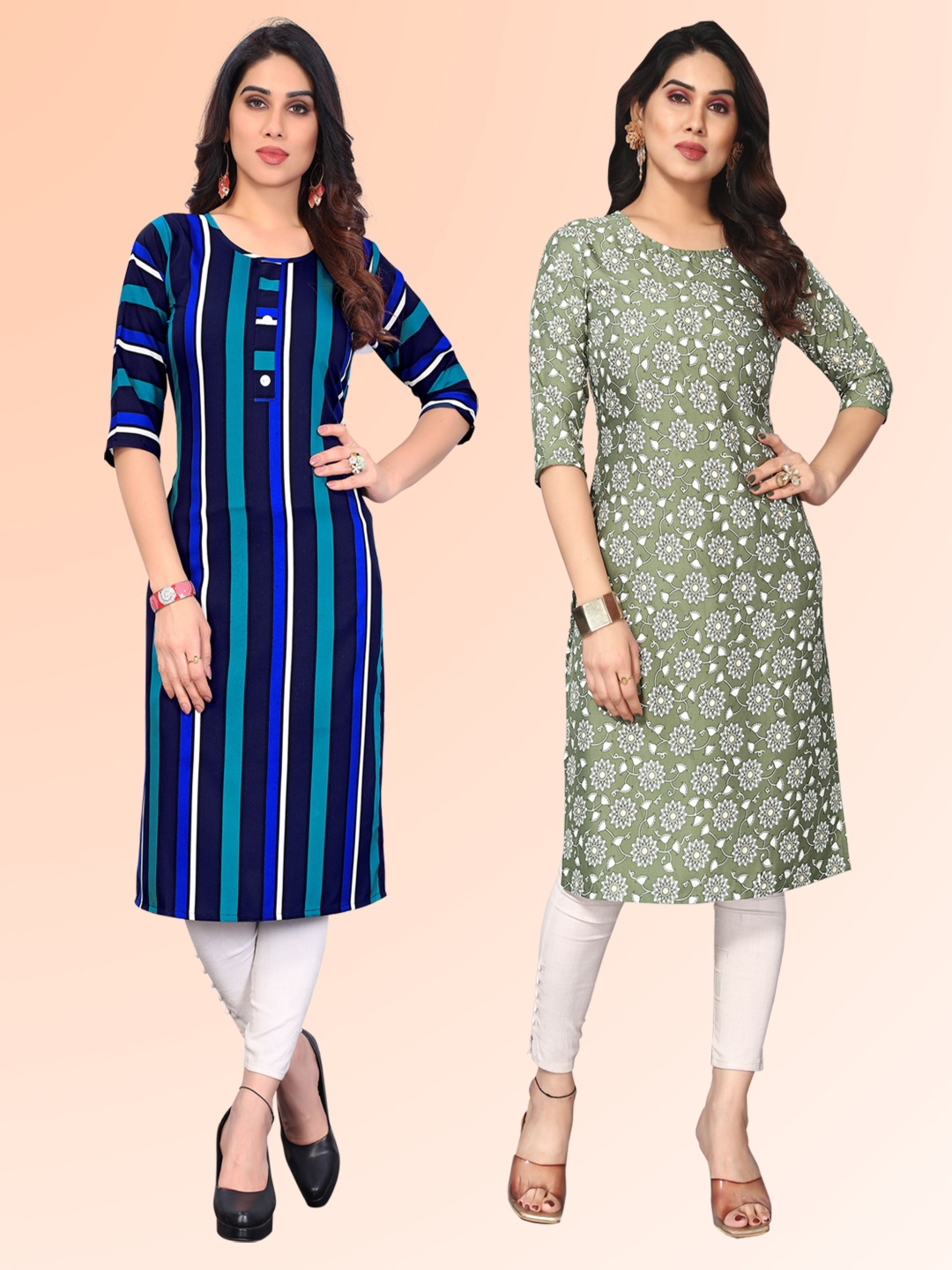 

KETAKI FASHION Selection of 2 Striped Round Neck Straight Kurtas, Navy blue