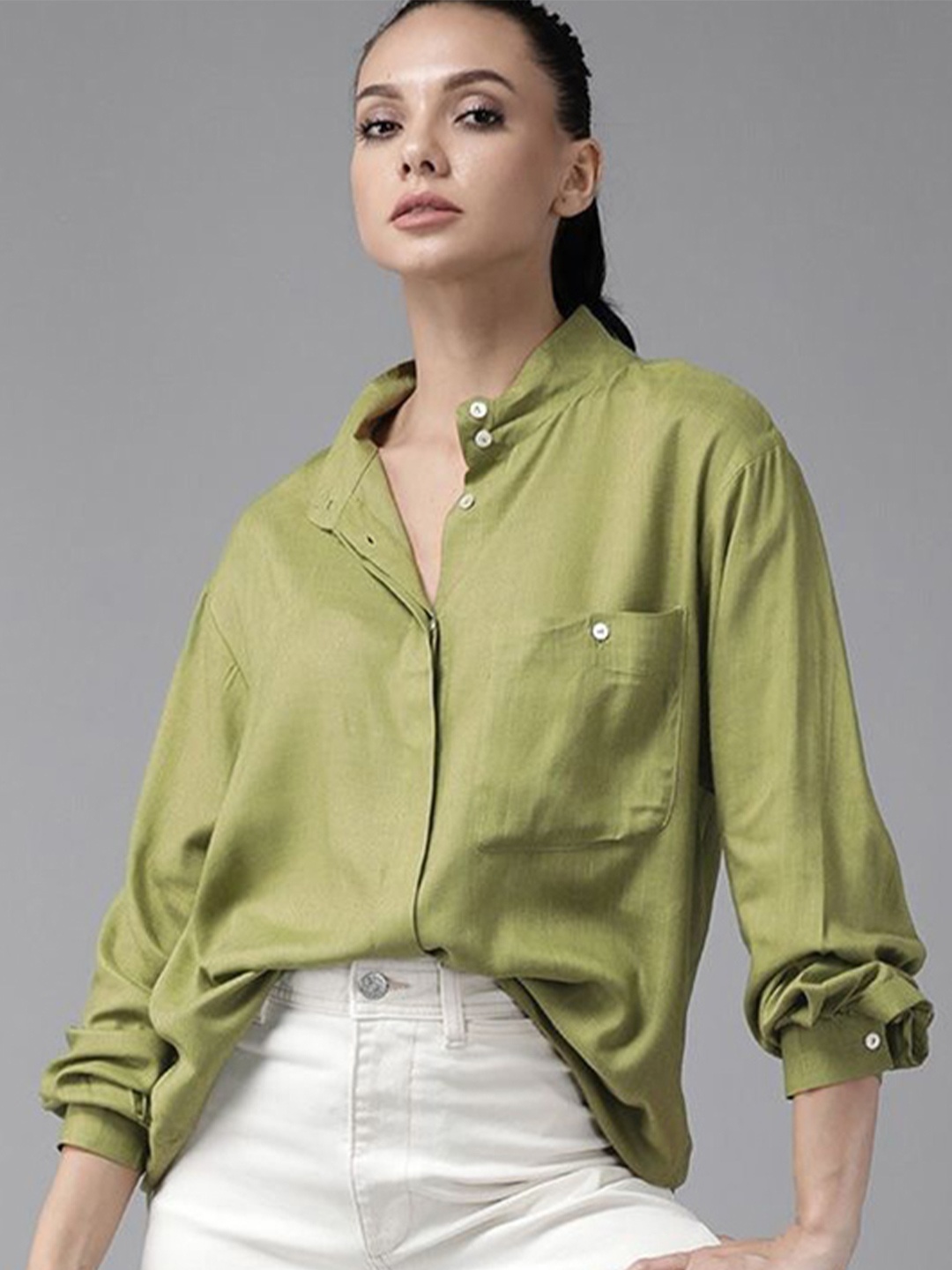 

NANCHI Women Classic Oversized Fit Band Collar Solid Cotton Casual Shirt, Green