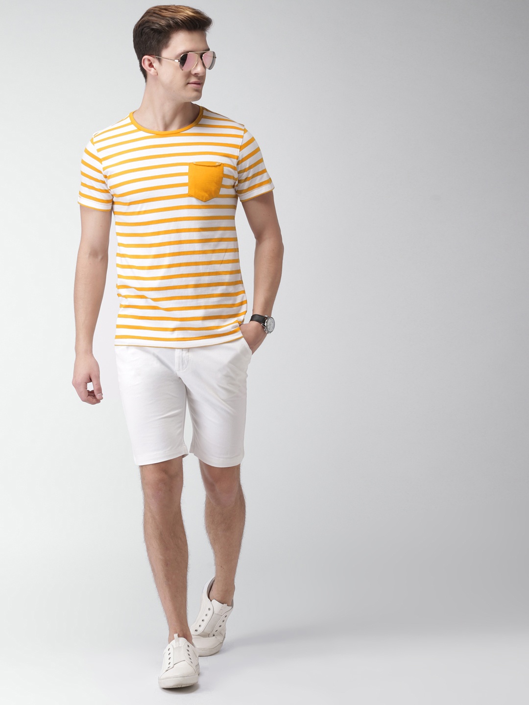 

Mast & Harbour Men Mustard Yellow & White Striped Round Neck T-shirt