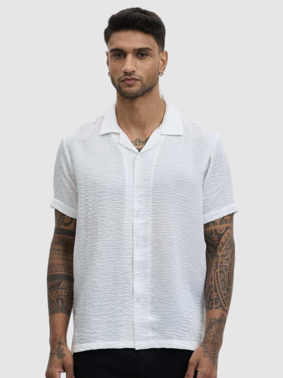 

Snitch Men Relaxed Fit Cuban Collar Textured Casual Shirt, White