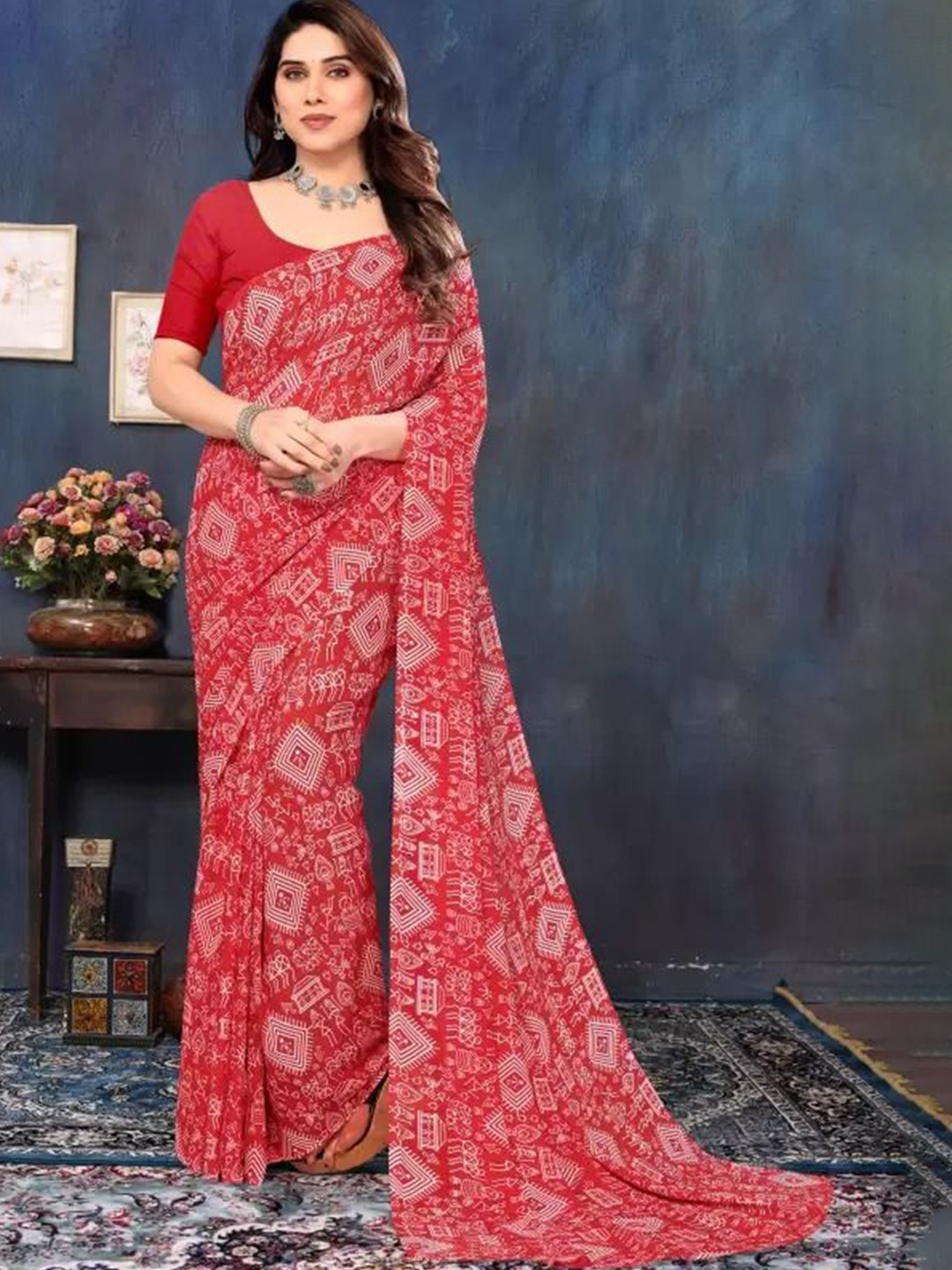 

SAADHVI Pure Georgette Saree, Red