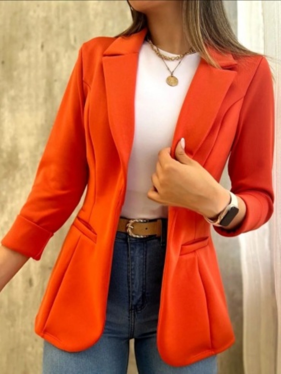 

StyleCast Orange Coloured Long Sleeves Open Front Blazer