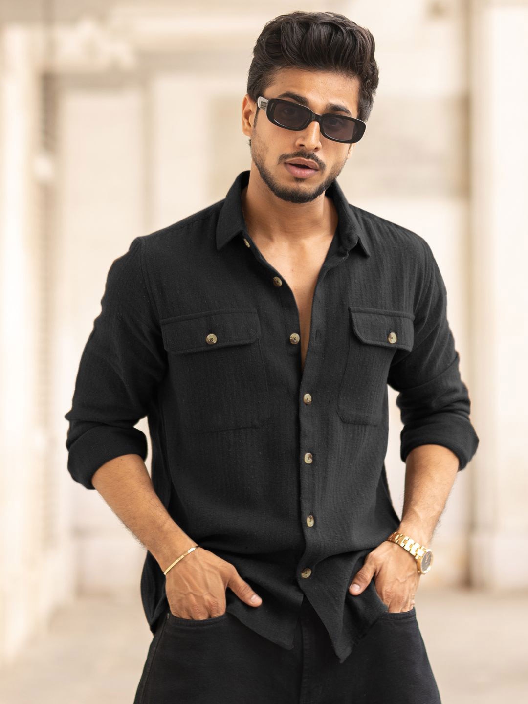 

Powerlook Men Spread Collar Textured Cotton Casual Shirt, Black