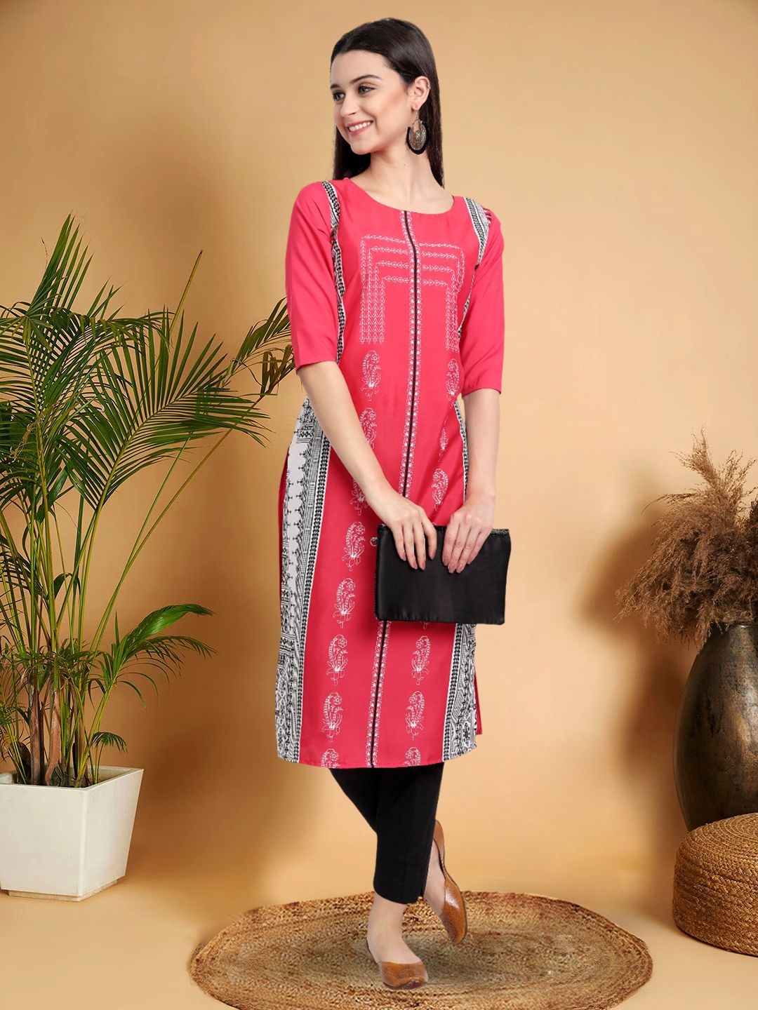 

7Threads Selection Of 6 Ethnic Motifs Printed Round Neck Straight Kurtas, Pink