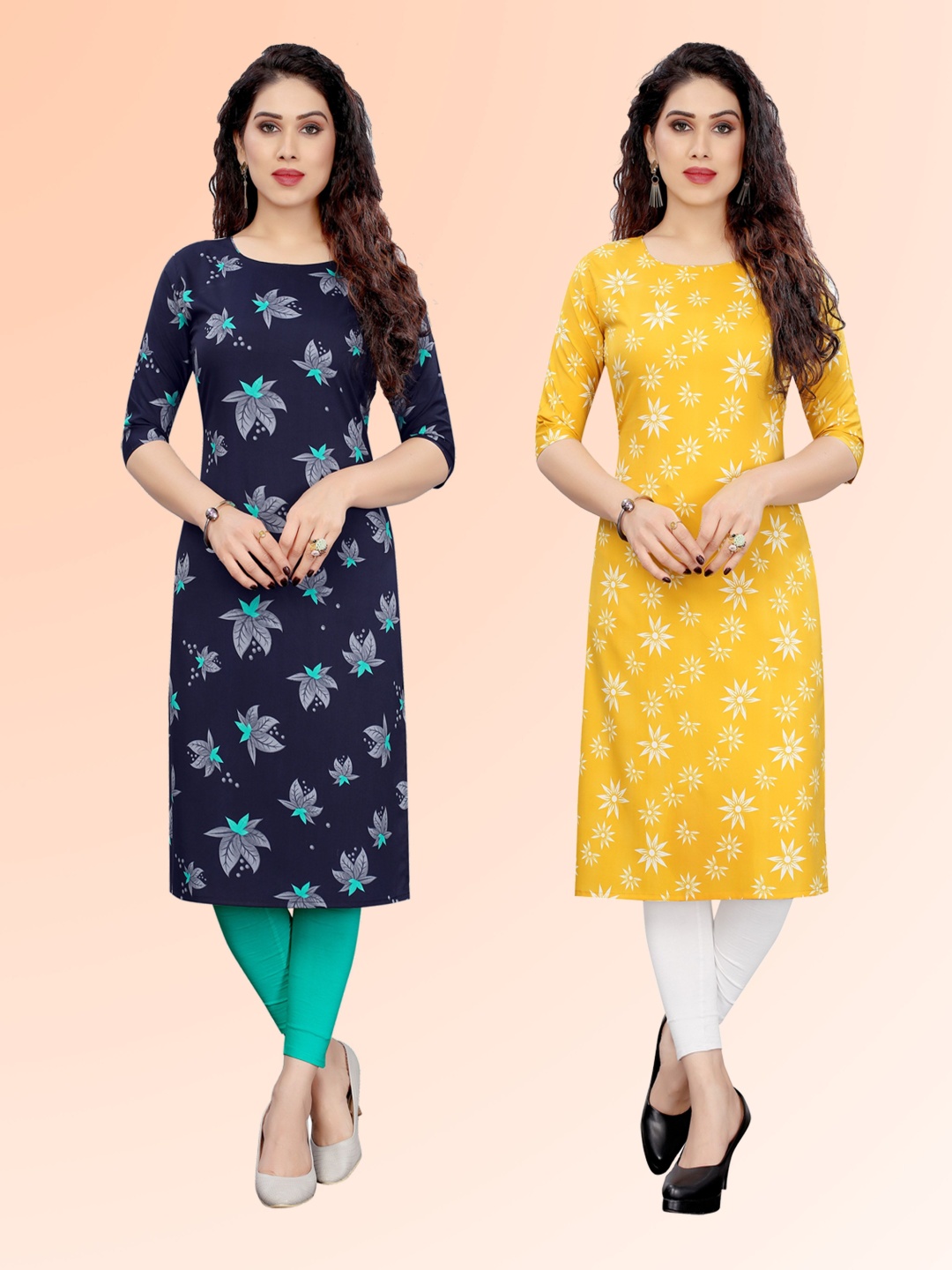 

KETAKI FASHION Selection Of 2 Floral Printed Straight Kurtas, Navy blue