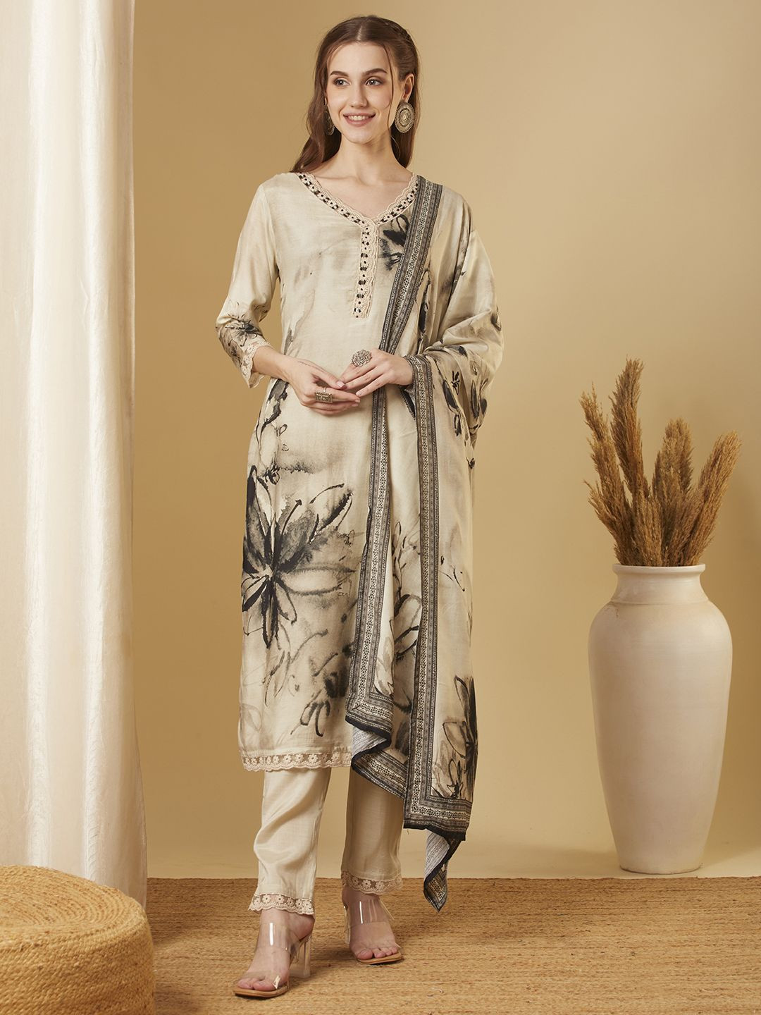 

FASHOR Floral Printed V-Neck Straight Kurta with Trousers and Dupatta, Cream
