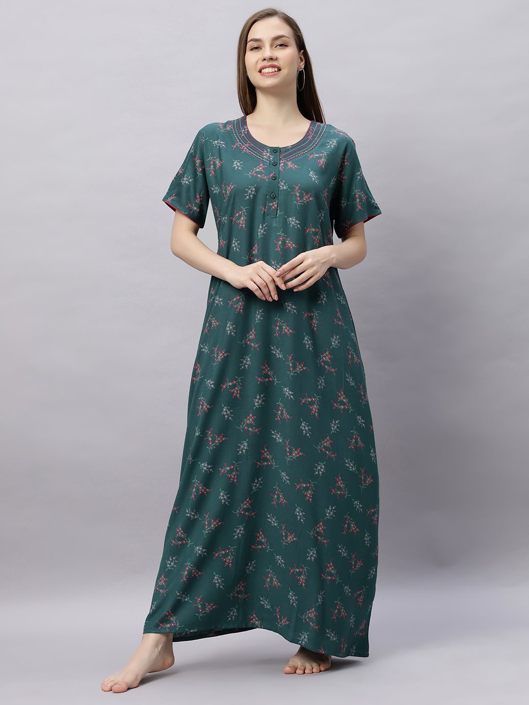 

QUIRA Women Printed Maxi Nightdress, Green