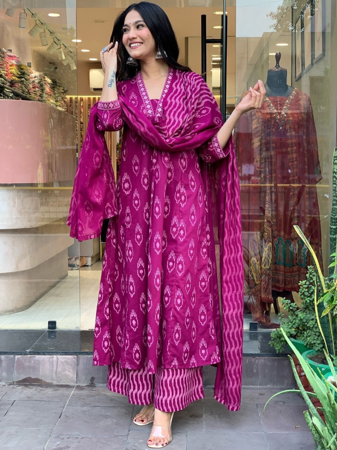 

Modestouze Attires Ethnic Motifs Printed V-Neck Anarkali Kurta With Palazzos & Dupatta, Purple