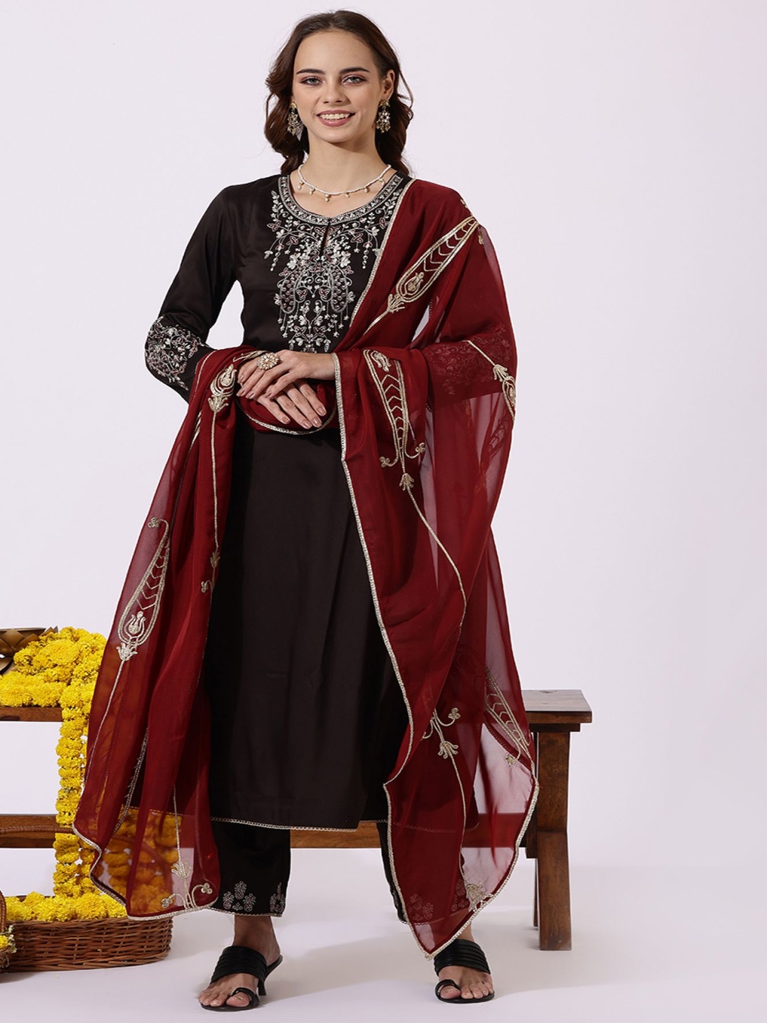 

W Floral Embroidered Zari A-line Kurta With Trouser And Dupatta, Brown