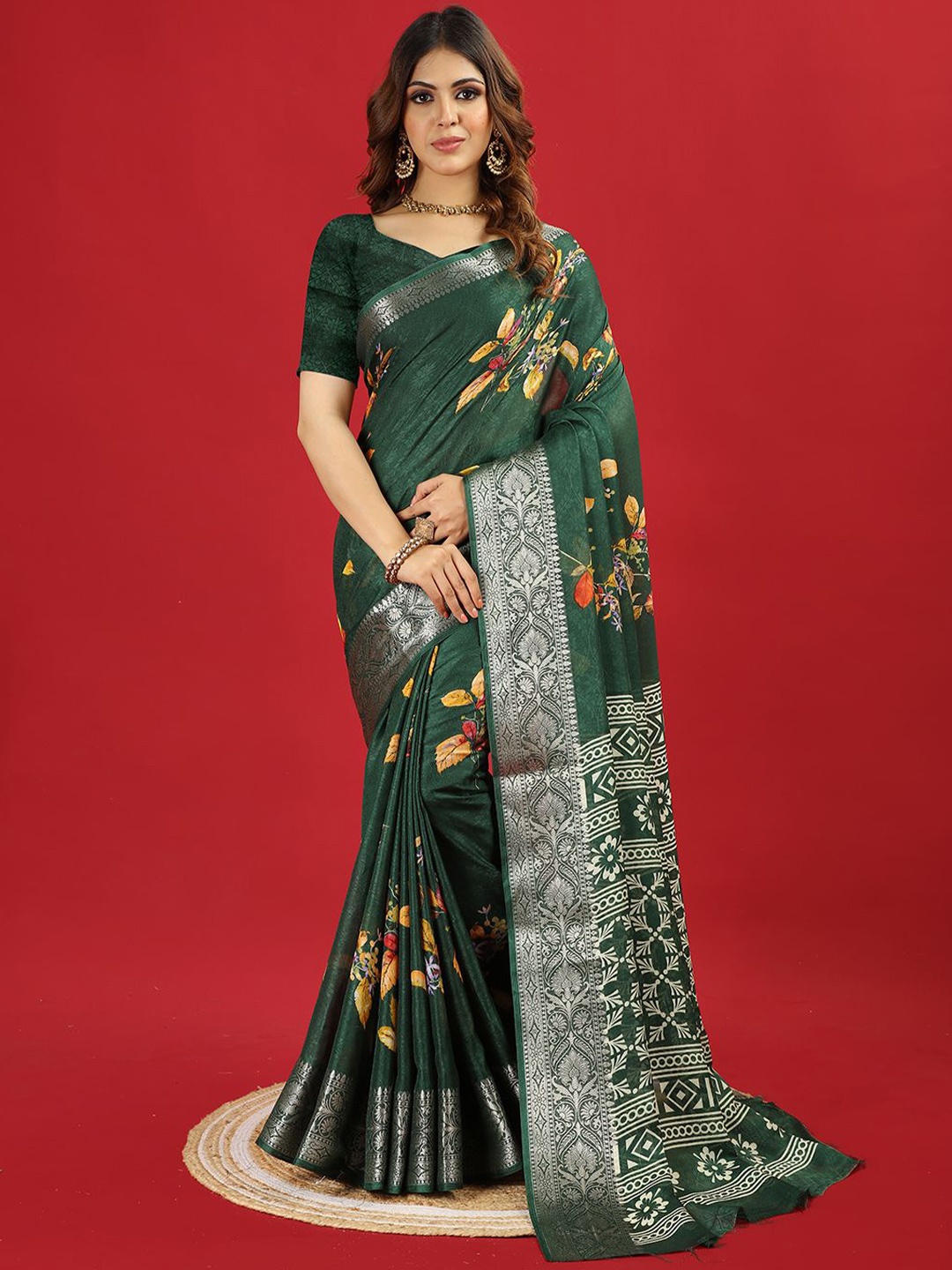 

NIRMAL CREATION Floral Printed Zari Poly Chiffon Saree, Green