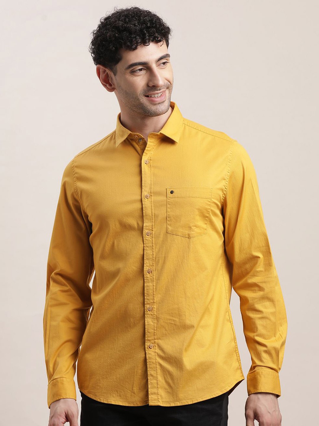 

Turtle Men Relaxed Fit Spread Collar Solid Cotton Casual Shirt, Yellow