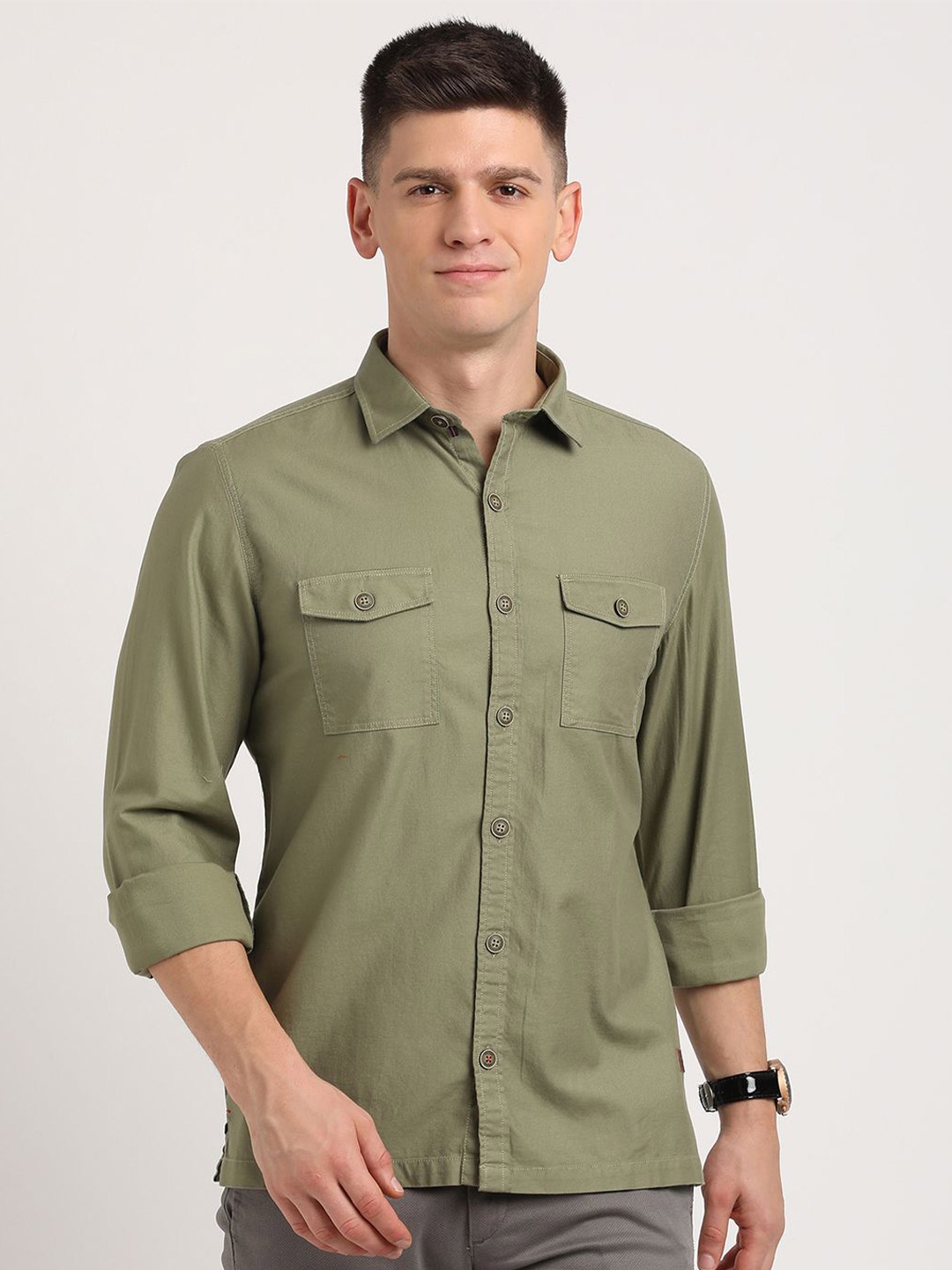 

Turtle Men Relaxed Fit Spread Collar Solid Cotton Casual Shirt, Olive