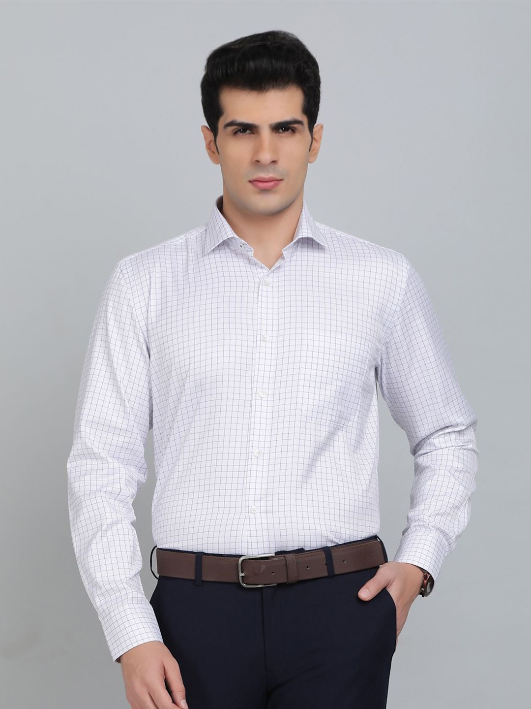 

Greenfibre Men Slim Fit Spread Collar Grid Tattersall Checked Cotton Formal Shirt, White